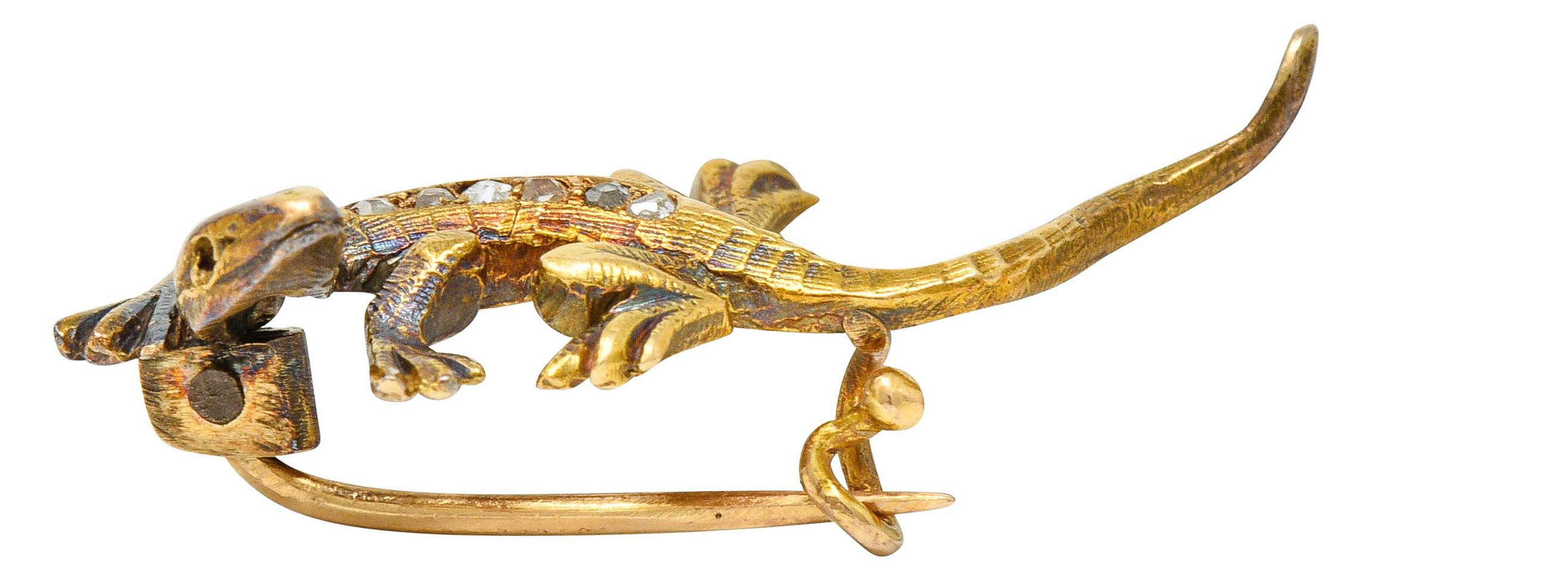 1880s Victorian Rose Cut Diamond 18 Karat Gold Lizard Brooch 2