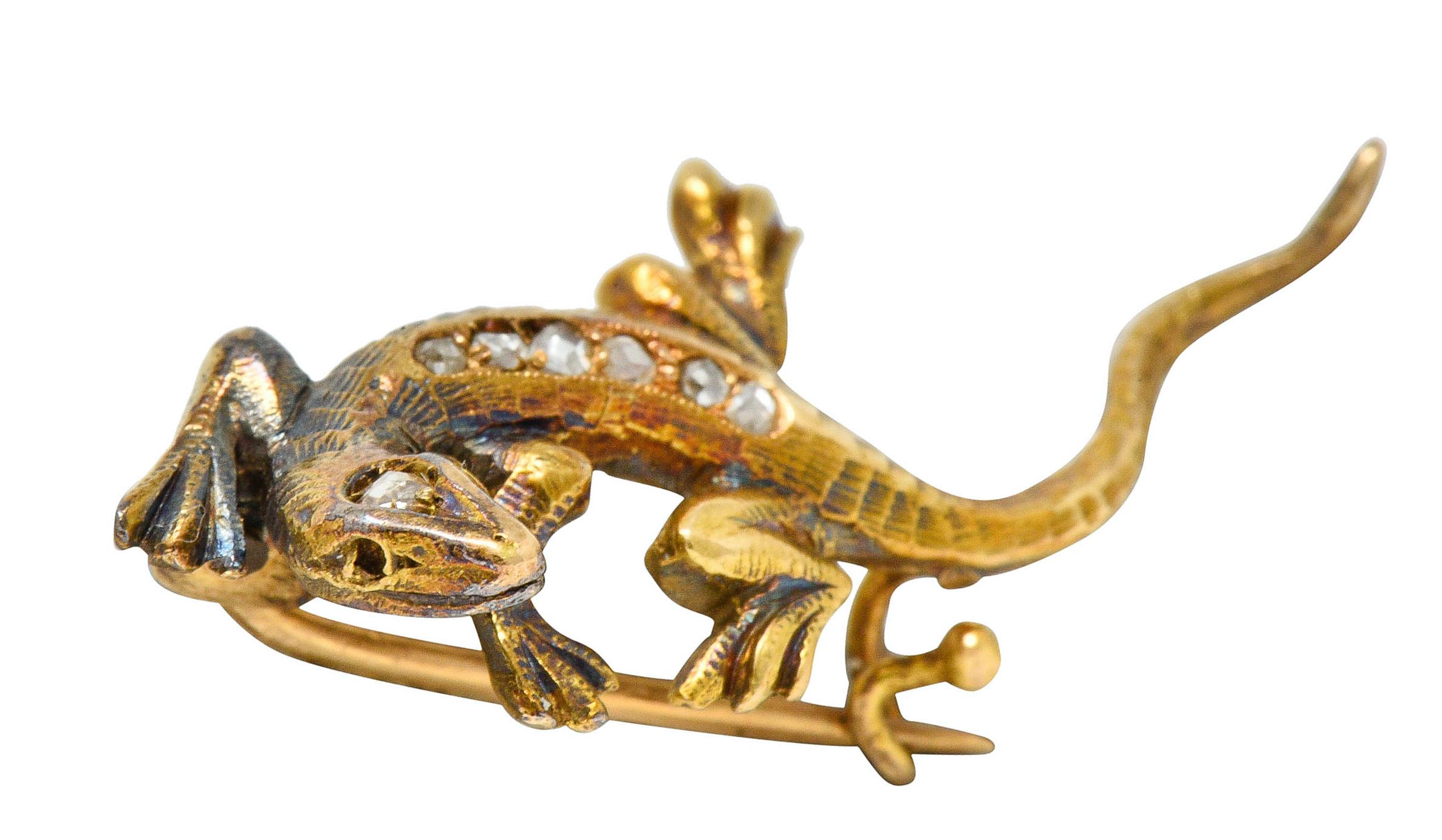 1880s Victorian Rose Cut Diamond 18 Karat Gold Lizard Brooch 4