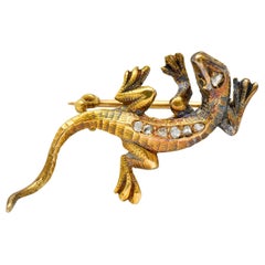 1880s Victorian Rose Cut Diamond 18 Karat Gold Lizard Brooch