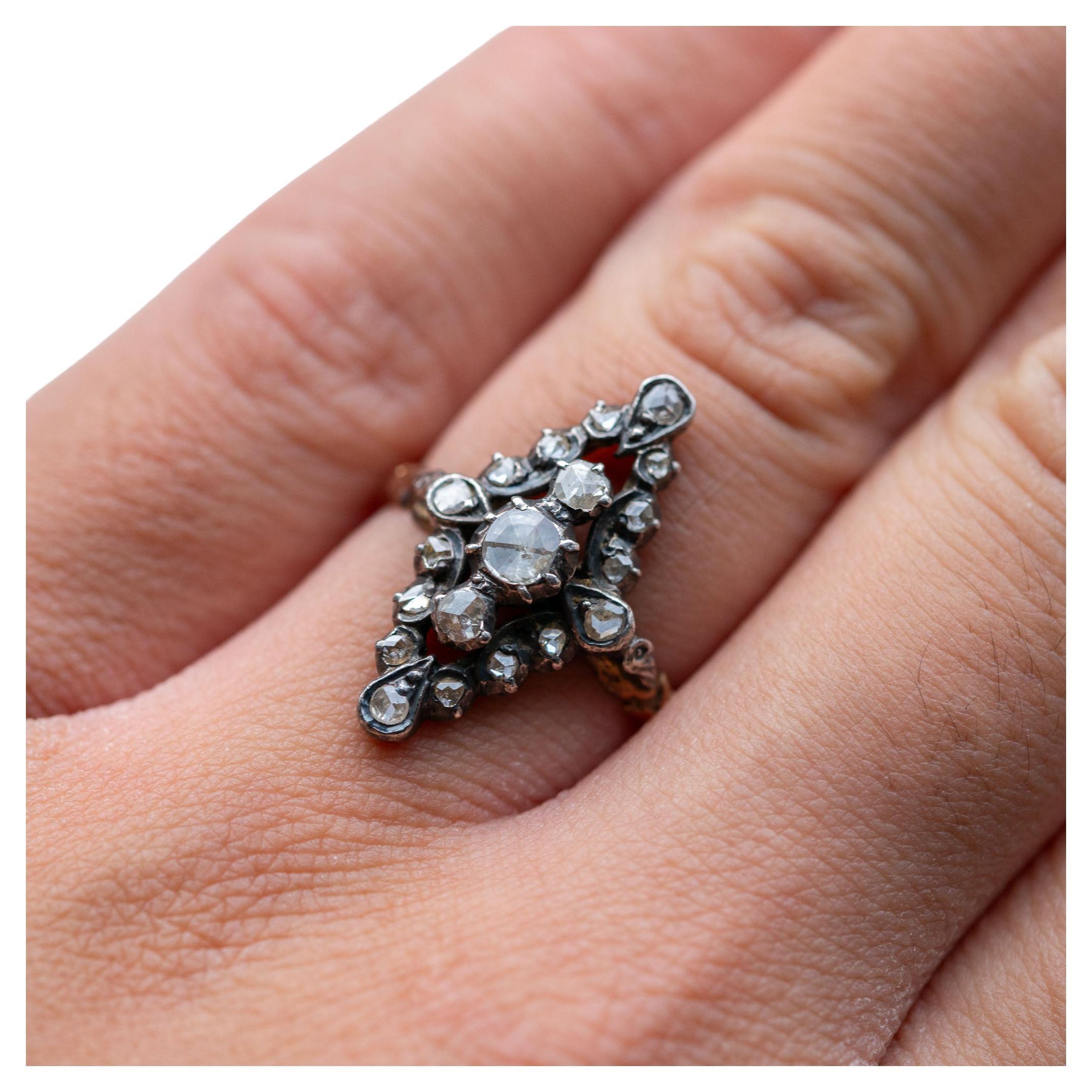 1880
s Victorian Rosecut Diamond Navette Marquise Ring in 14K solid gold