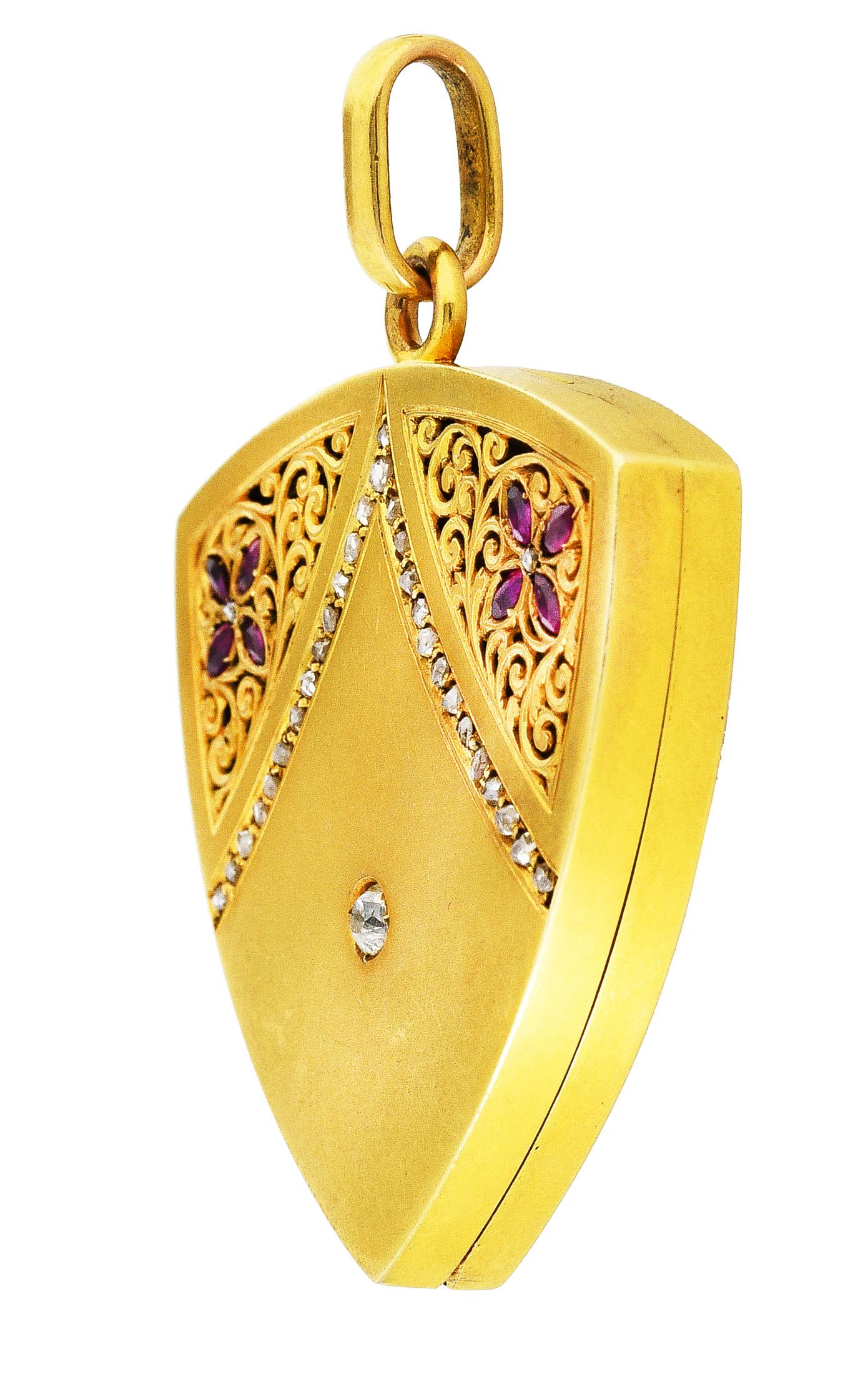 Old Mine Cut 1880's Victorian Ruby Diamond 18 Karat Yellow Gold Antique Locket Pendant