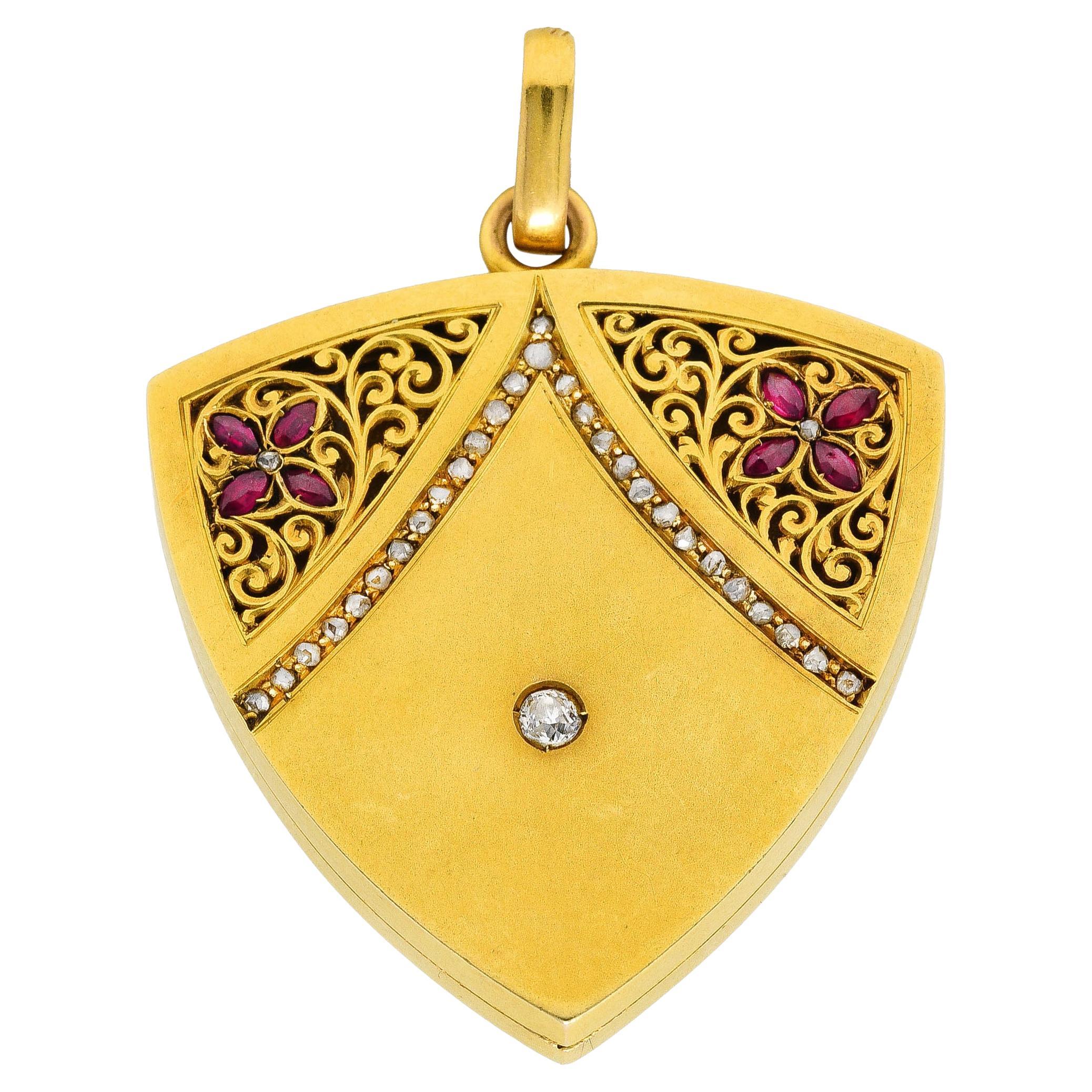 1880's Victorian Ruby Diamond 18 Karat Yellow Gold Antique Locket Pendant