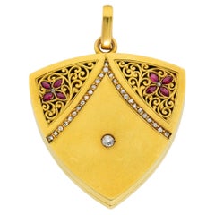 1880's Victorian Ruby Diamond 18 Karat Yellow Gold Antique Locket Pendant