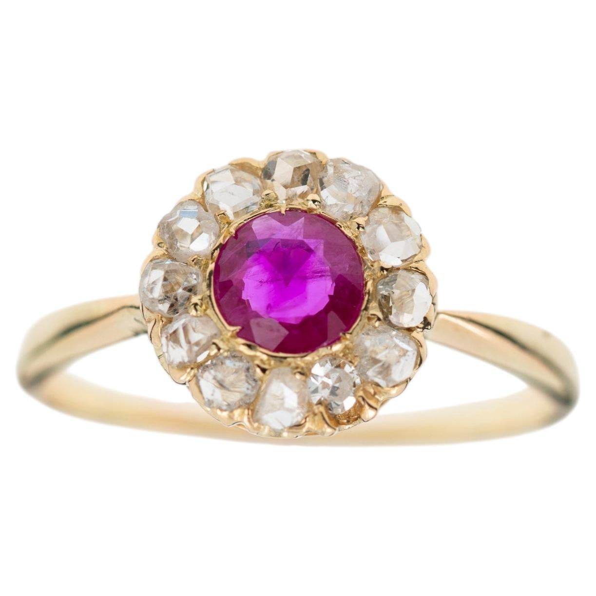 1880's Victorian Ruby Rosecut Diamond Entourage Ring 6.5 US 14K Solid Gold