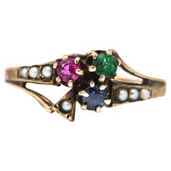 1880's Victorian Sapphire Ruby Emerald Seed Pearl 14 Karat Gold Clover Ring