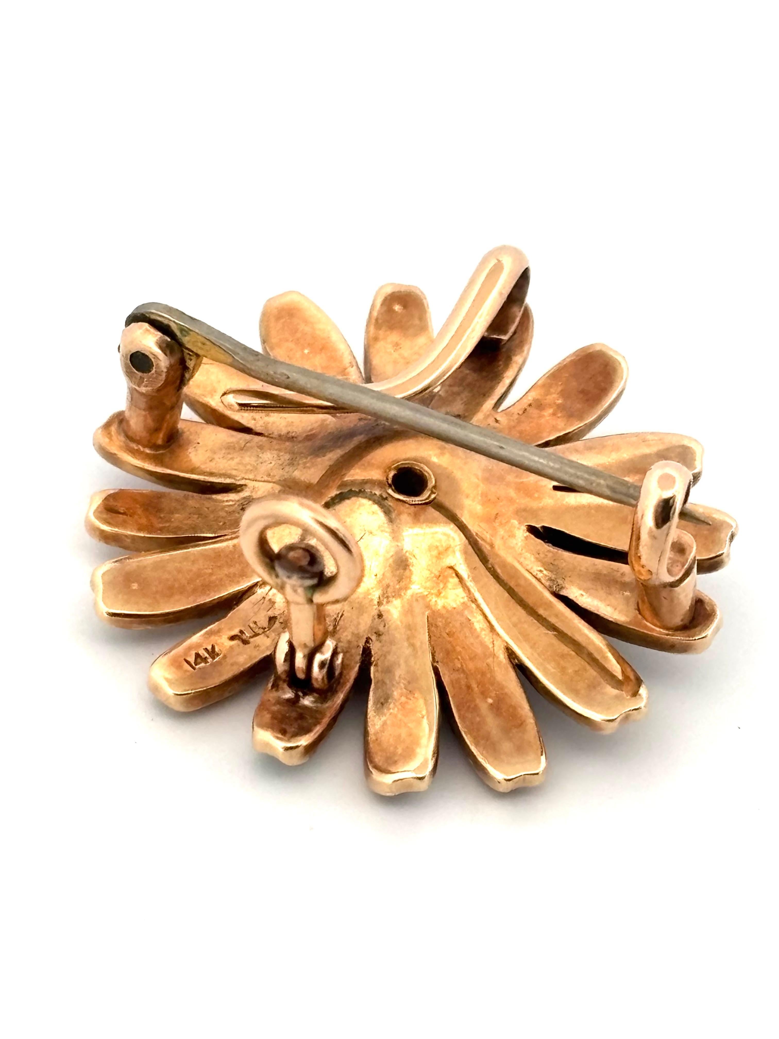 
⸻

Diese exquisite viktorianische Anhängerbrosche aus den 1880er Jahren fängt mit ihrem strahlenden Blumendesign die Eleganz und Symbolik der Epoche ein. Gefertigt aus warmem 14-karätigem Gelbgold und mit einem Gewicht von 7,1 Gramm misst das