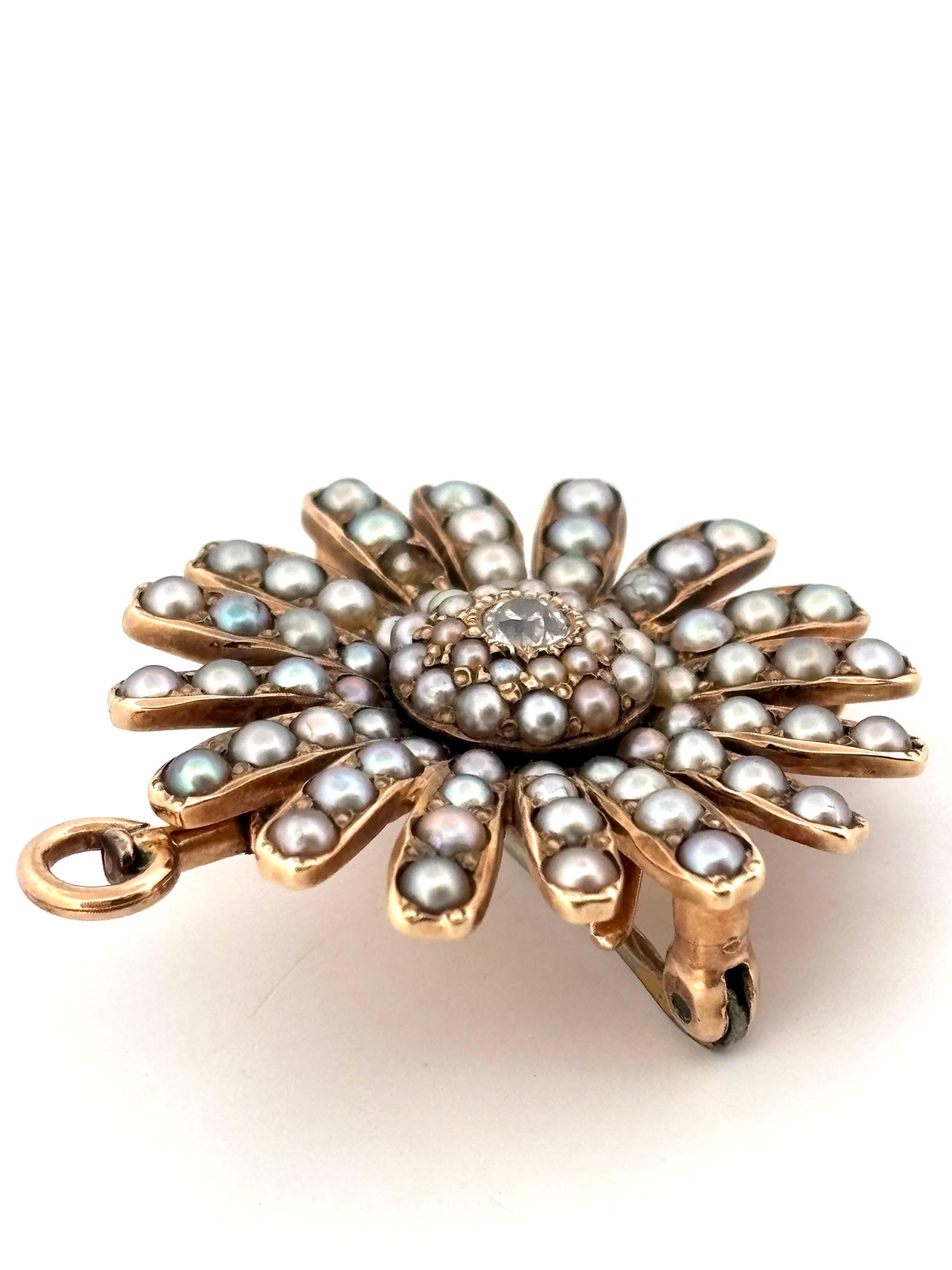 1880's Victorian Seed Pearl & 0.10ctw Old European Mined Diamond Anhänger Brosche (Spätviktorianisch) im Angebot