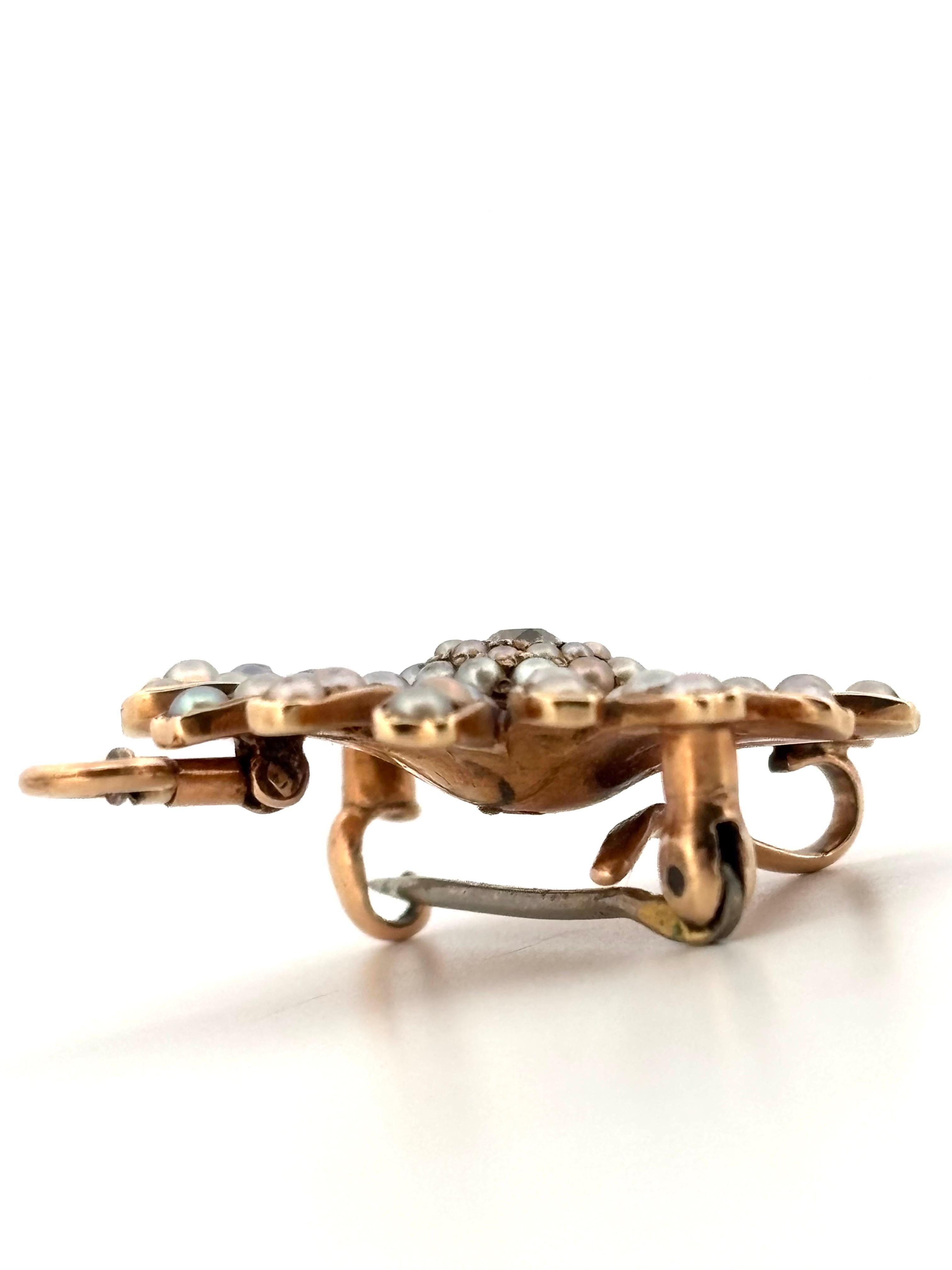 1880's Victorian Seed Pearl & 0.10ctw Old European Mined Diamond Anhänger Brosche im Zustand „Gut“ im Angebot in Sewickley, PA