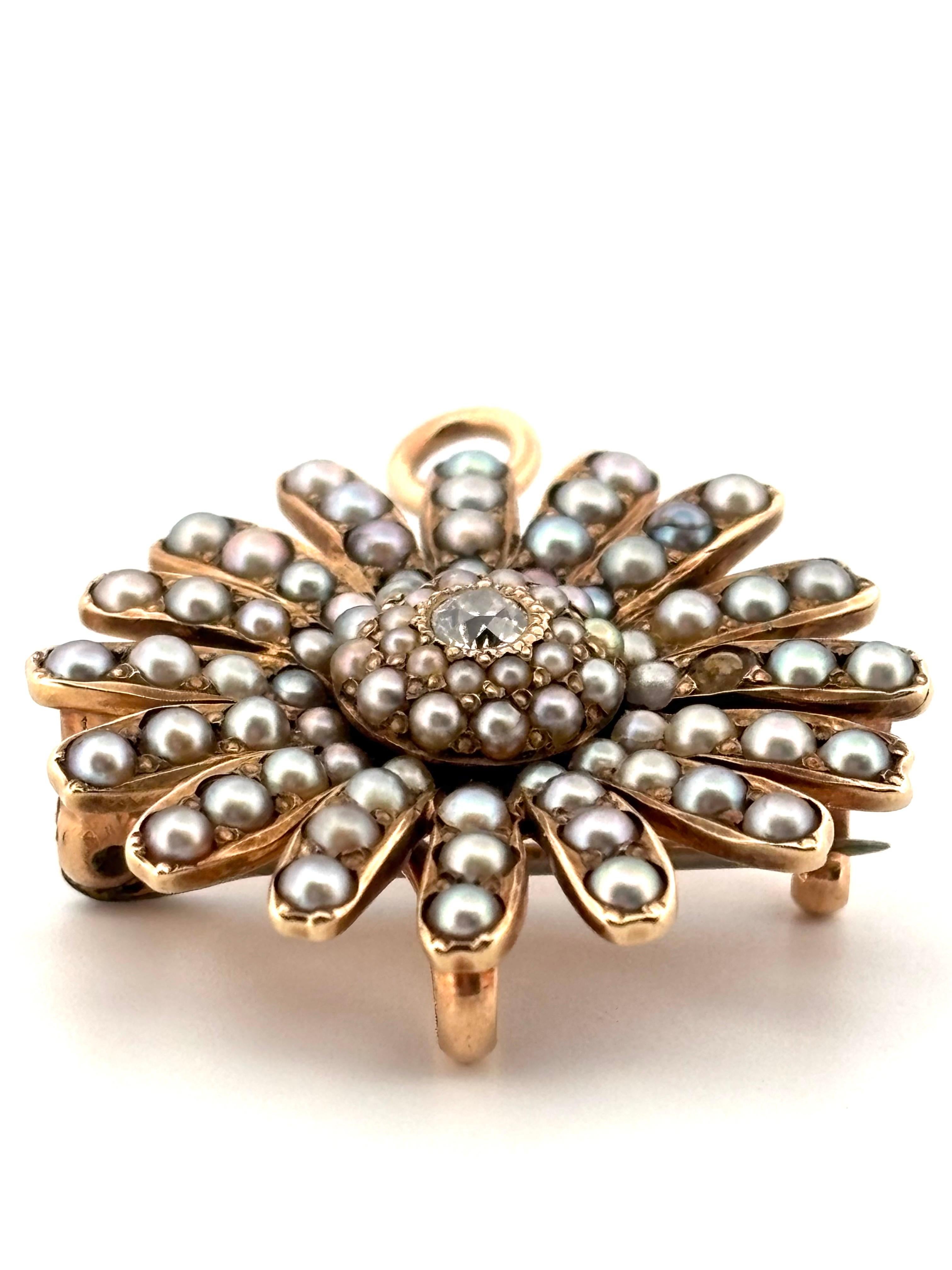 1880's Victorian Seed Pearl & 0.10ctw Old European Mined Diamond Anhänger Brosche im Angebot 2