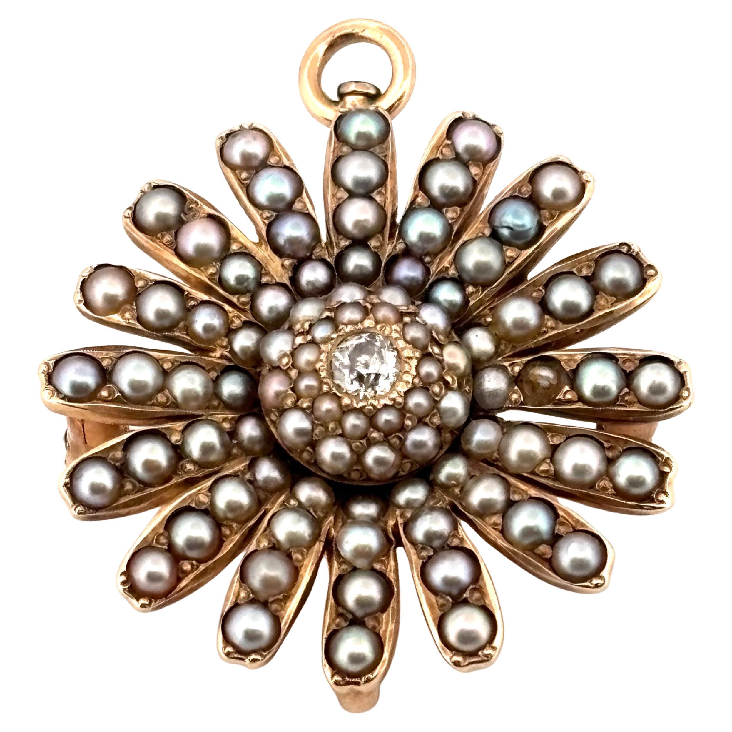 1880’s Victorian Seed Pearl & 0.10ctw Old European Mined Diamond Pendant Brooch