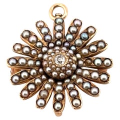 1880’s Victorian Seed Pearl & 0.10ctw Old European Mined Diamond Pendant Brooch