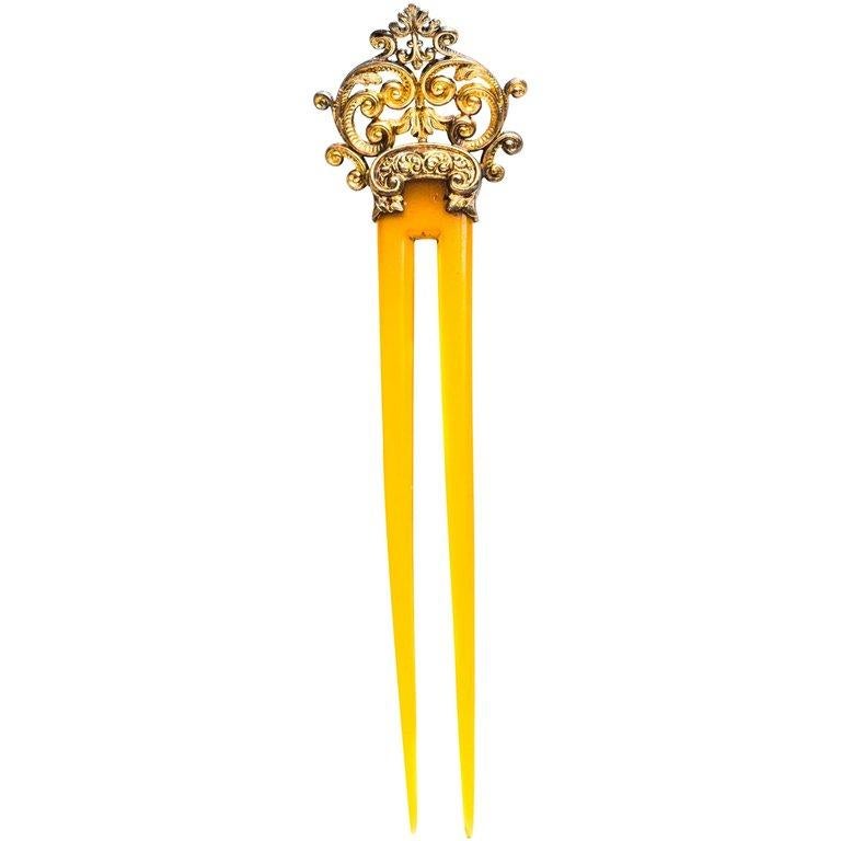 1880s Victorian Tortoise Shell Celluloid Hair Comb 14 Karat Gold In Good Condition In Hicksville, NY
