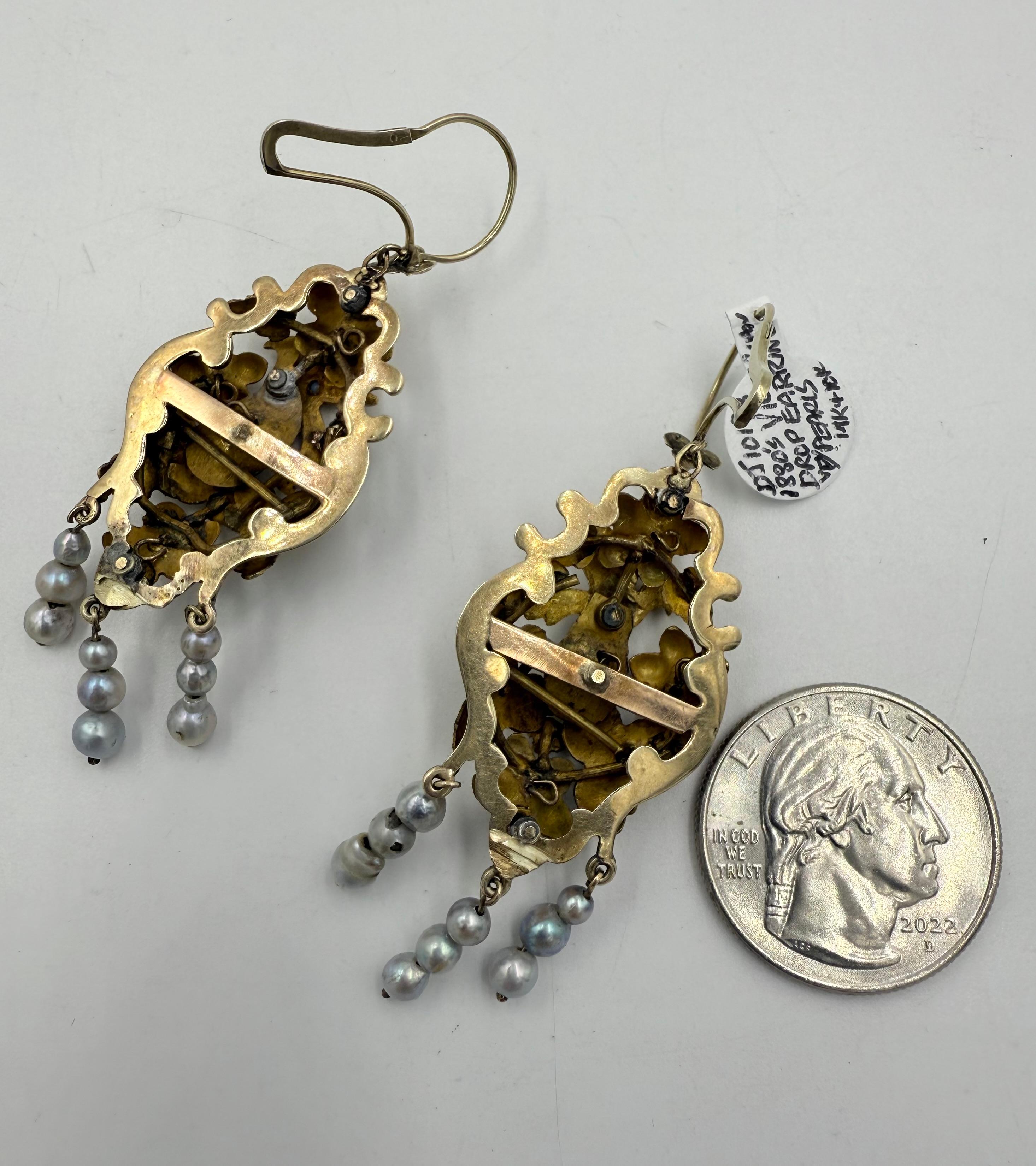 1880s Victorian Tri Color Gold Dangling Earrings For Sale 2