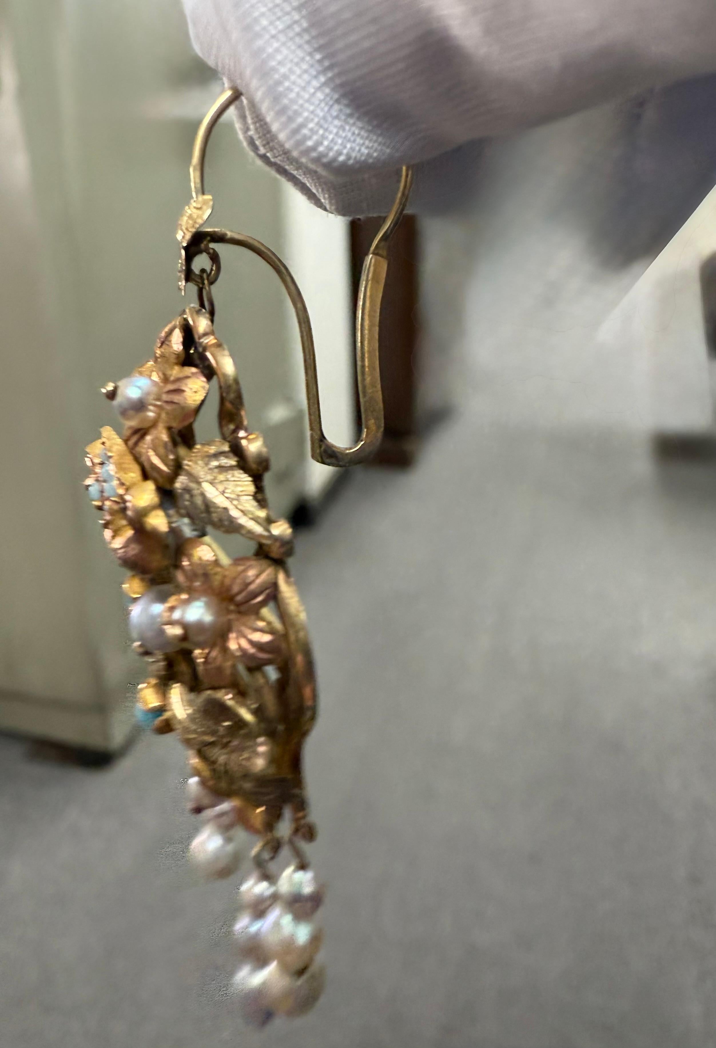 1880s Victorian Tri Color Gold Dangling Earrings For Sale 4