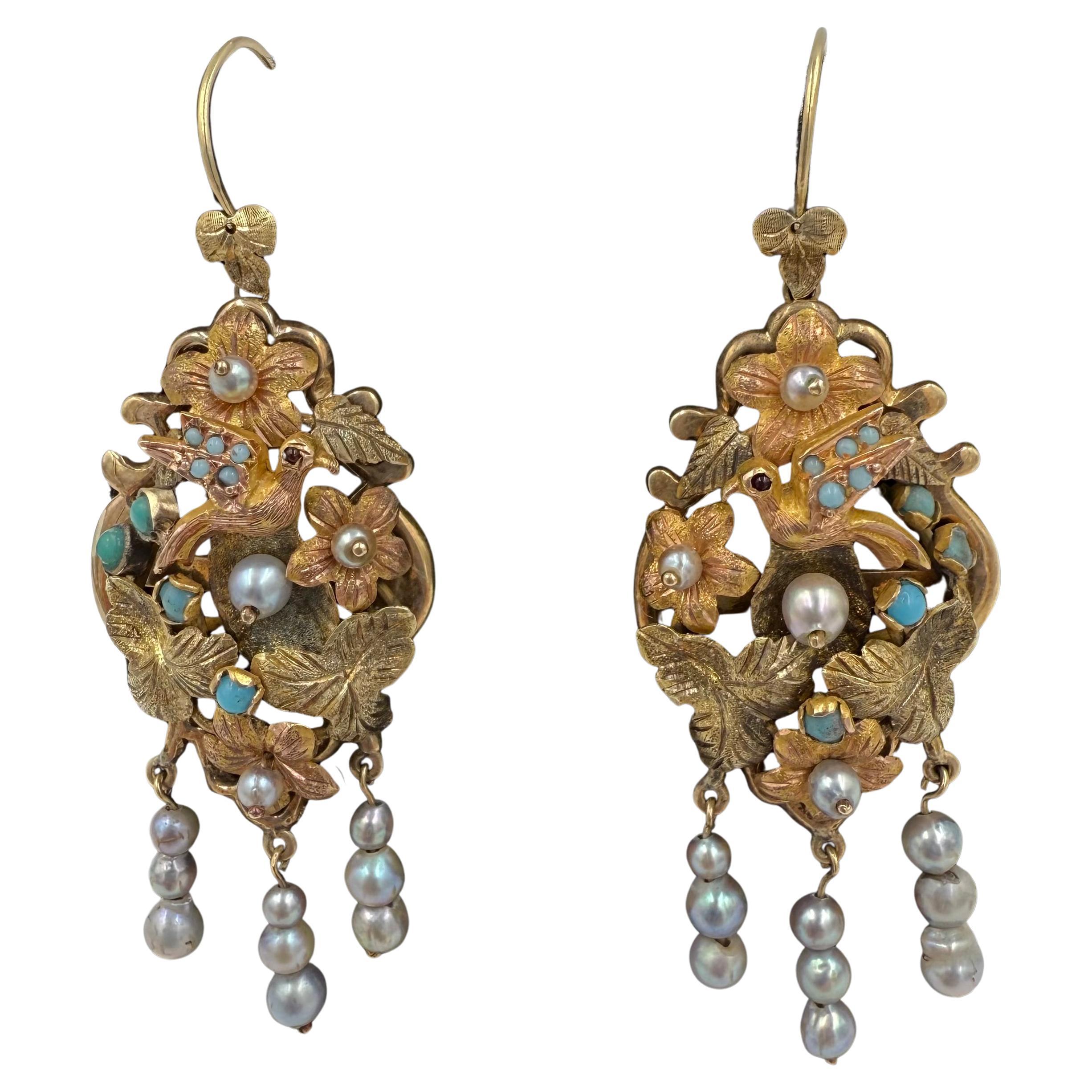 Orecchini pendenti in oro tricolore vittoriano del 1880