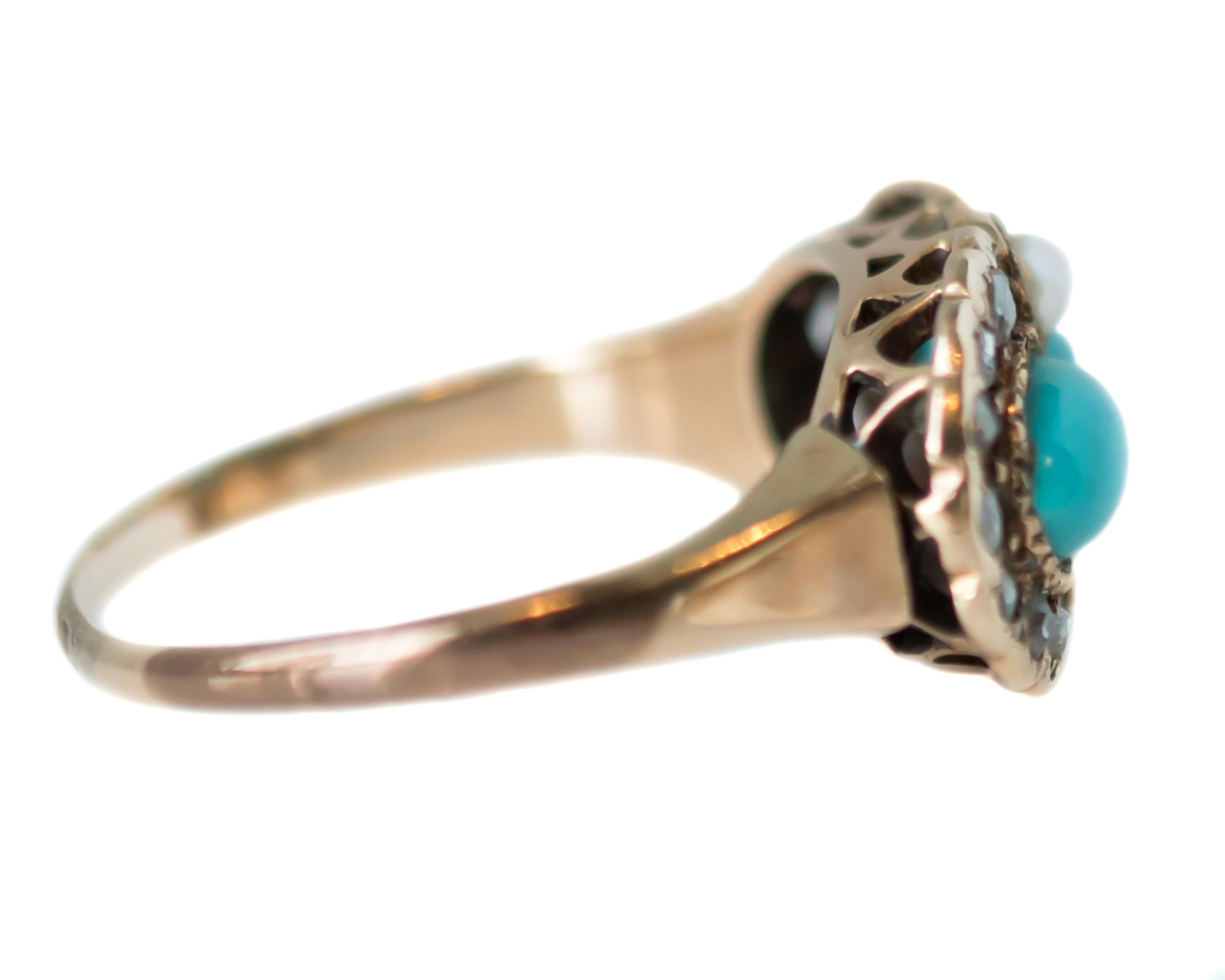 Rose Cut 1880s Victorian Turquoise, Pearl, Diamond and 9 Karat Yellow Gold Ring