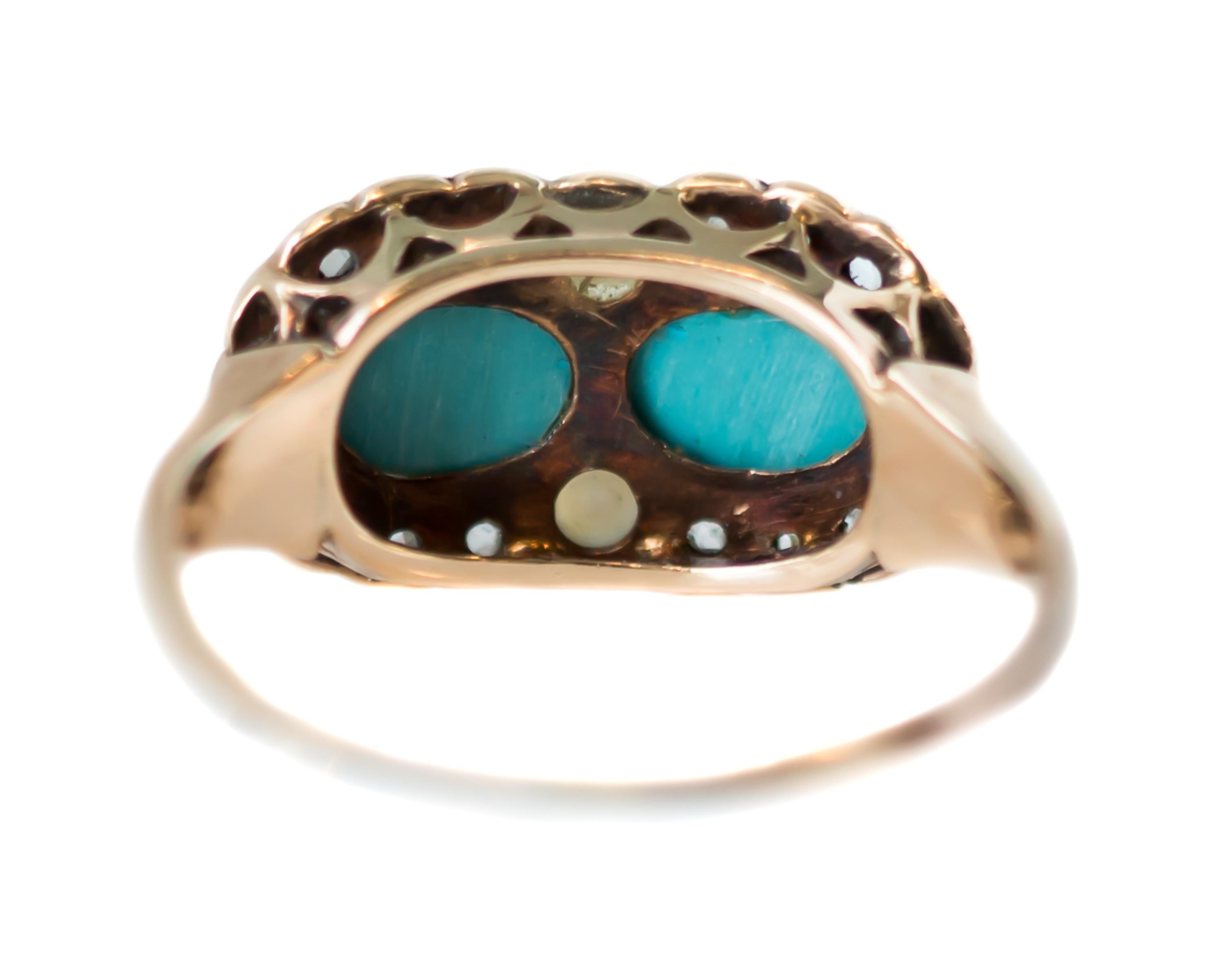 1880s Victorian Turquoise, Pearl, Diamond and 9 Karat Yellow Gold Ring In Good Condition In Atlanta, GA