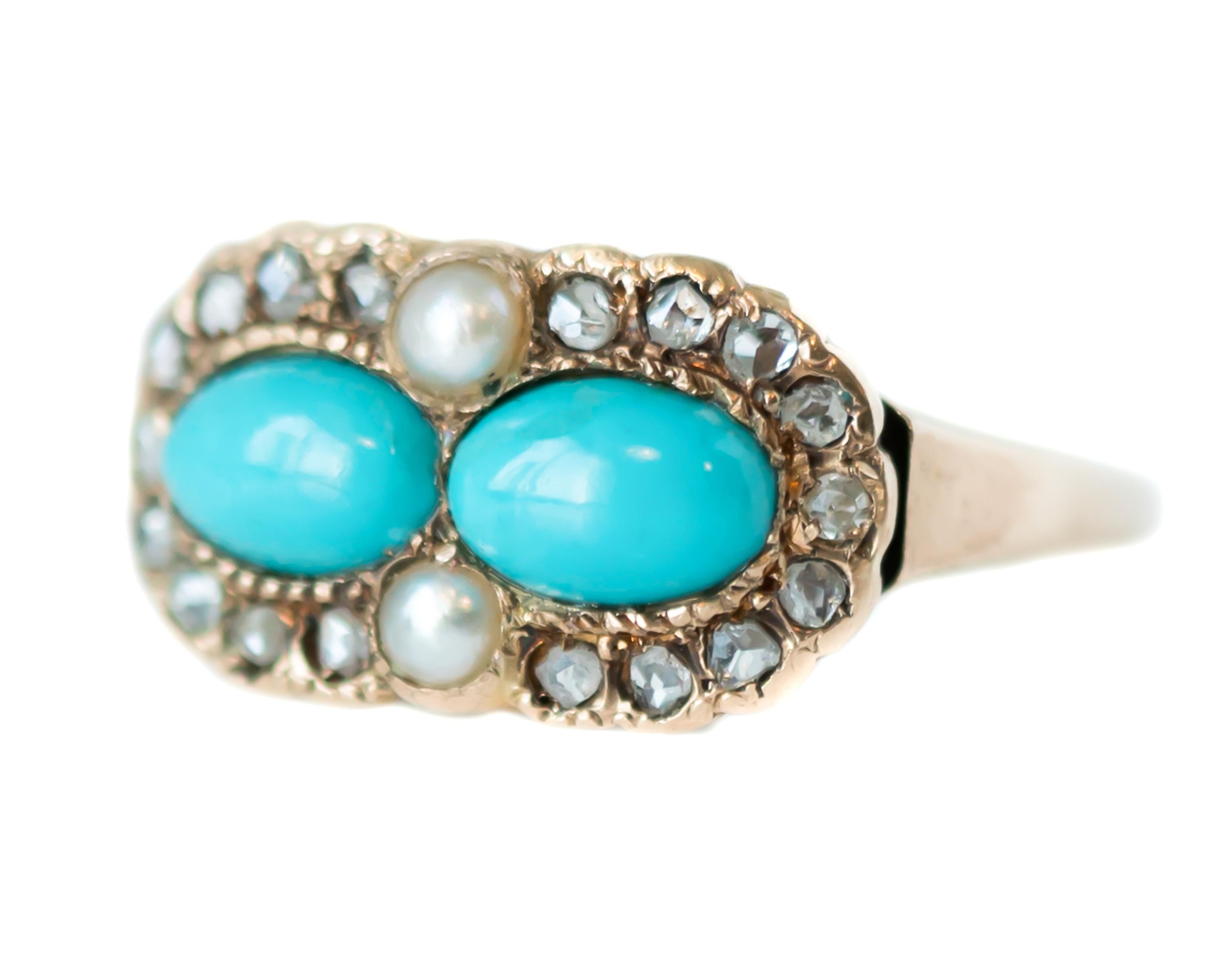 1880s Victorian Turquoise, Pearl, Diamond and 9 Karat Yellow Gold Ring 1
