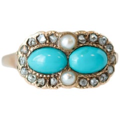 1880s Victorian Turquoise, Pearl, Diamond and 9 Karat Yellow Gold Ring