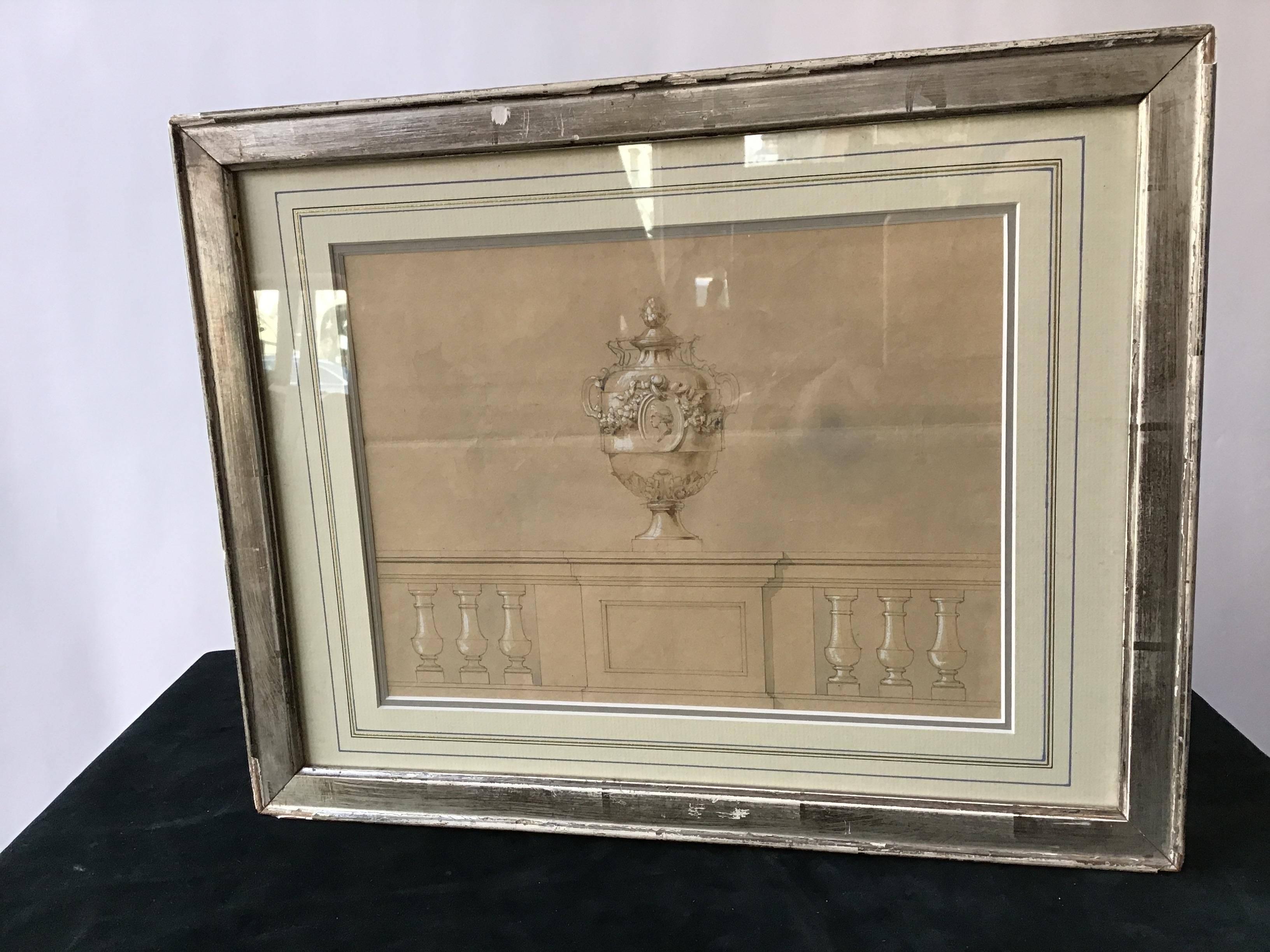 1880s watercolor of an urn by Jansen, done in Paris. Silver leaf frame. Some chipping to frame.