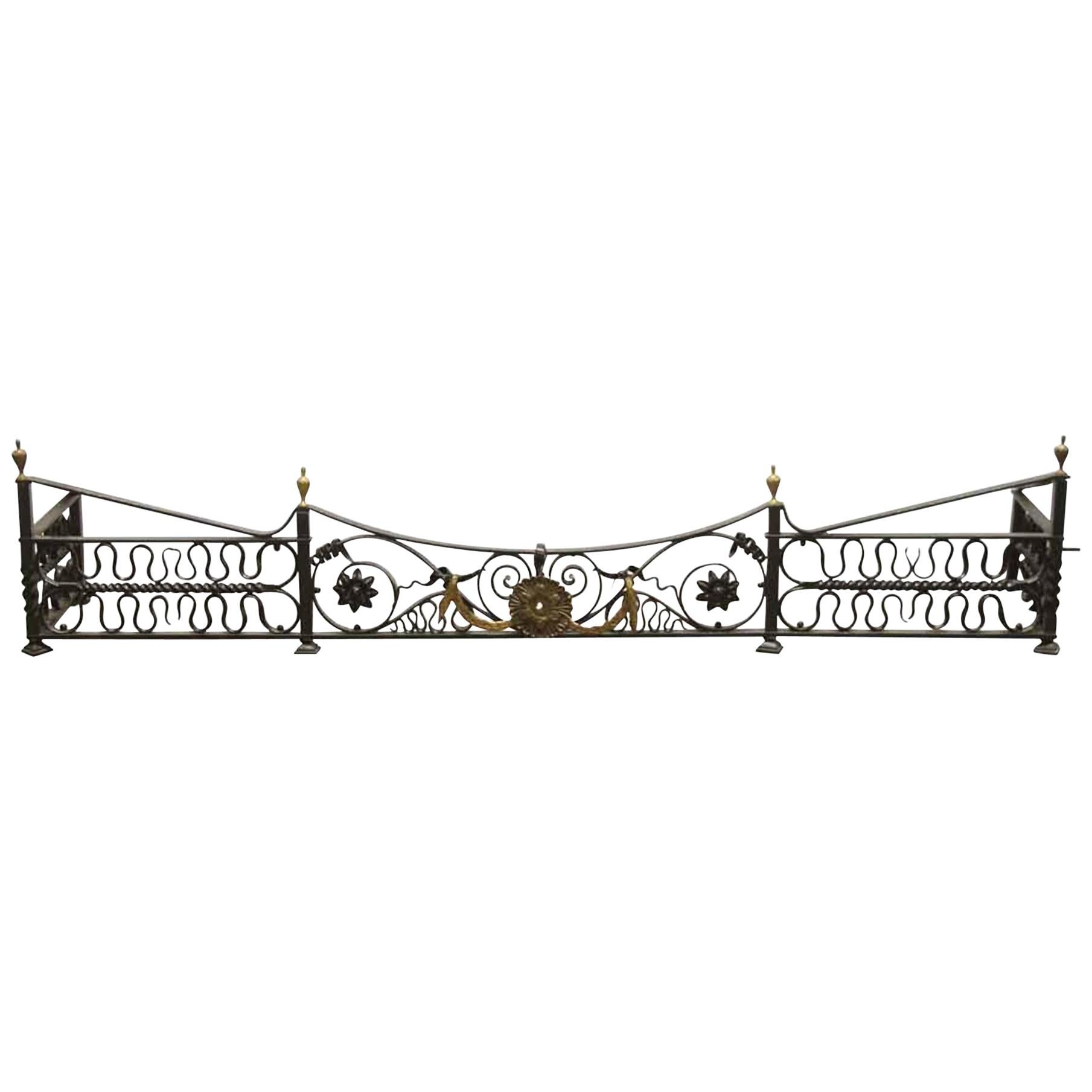 1880s Wrought Iron Fireplace Fender with Brass Details