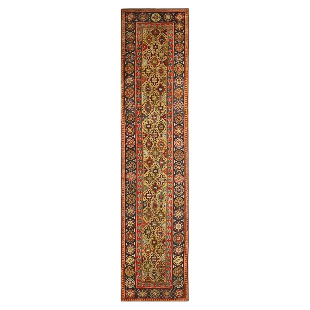 1880s Yellow Antique Geometric Tribal Knotted Wool Caucasian Tallish Runner Rug