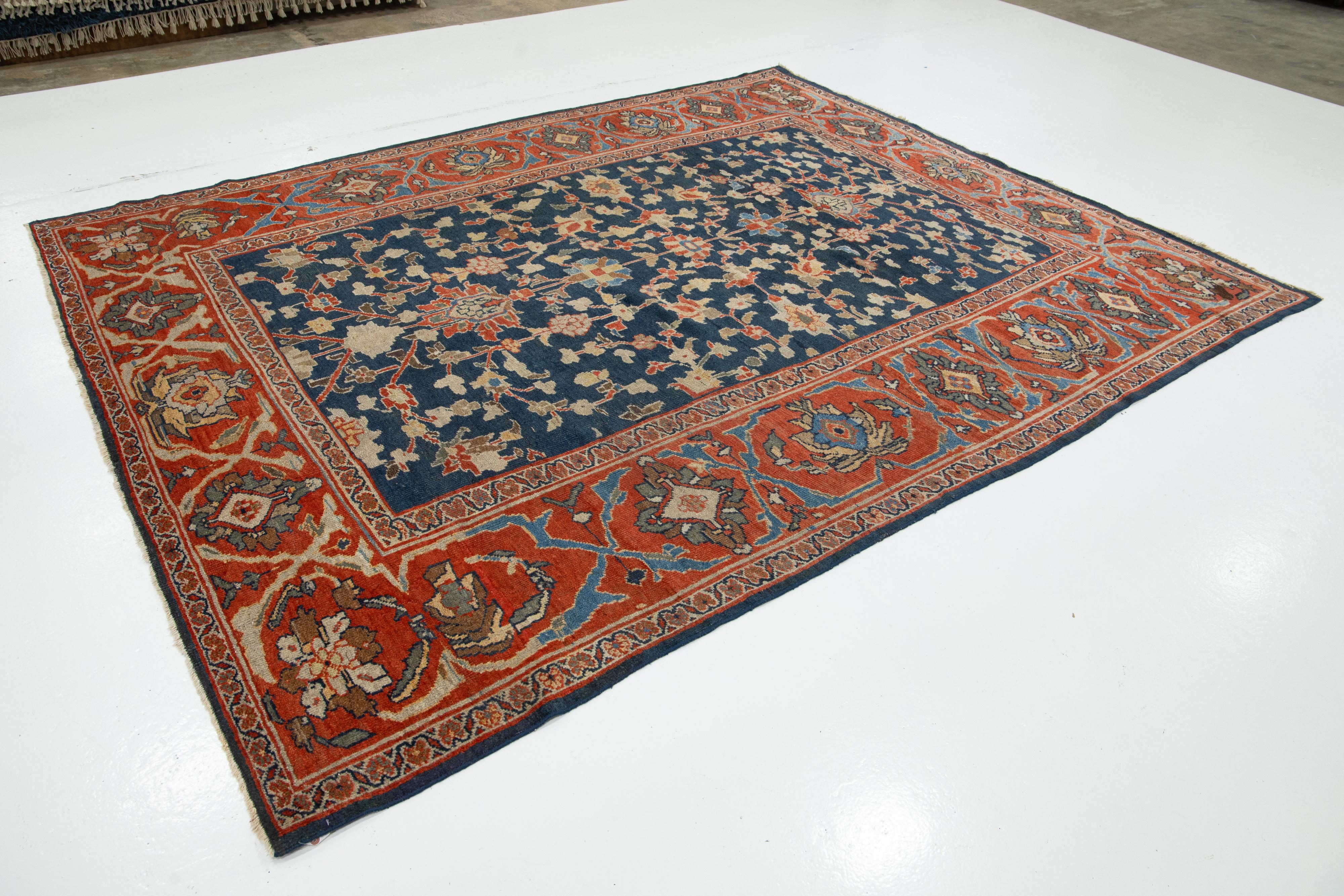 1880'sBlue Antique Persian Sultanabad Wool Rug Handmade with Allover Design (Persisch) im Angebot