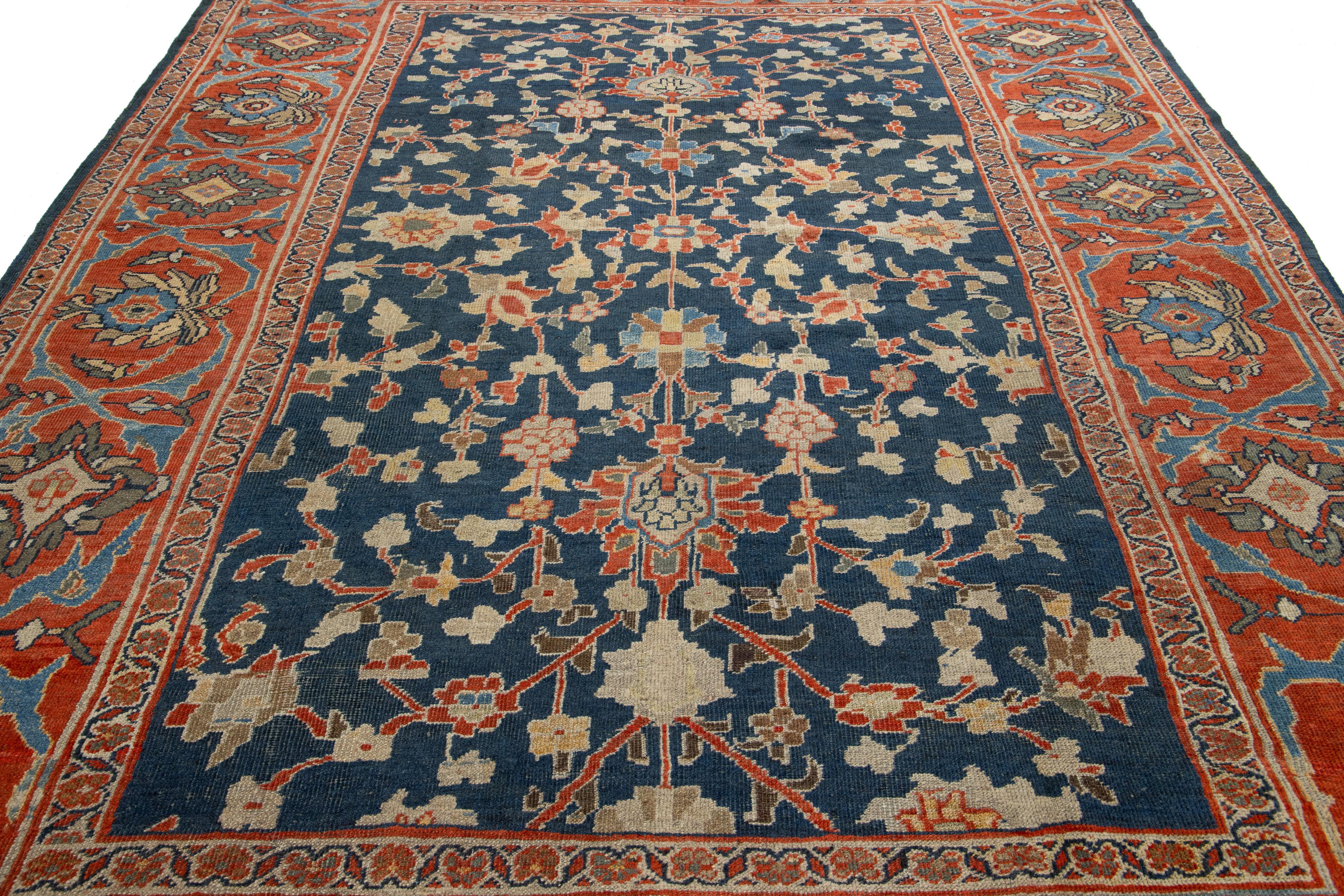 1880'sBlue Antique Persian Sultanabad Wool Rug Handmade with Allover Design (Handgeknüpft) im Angebot