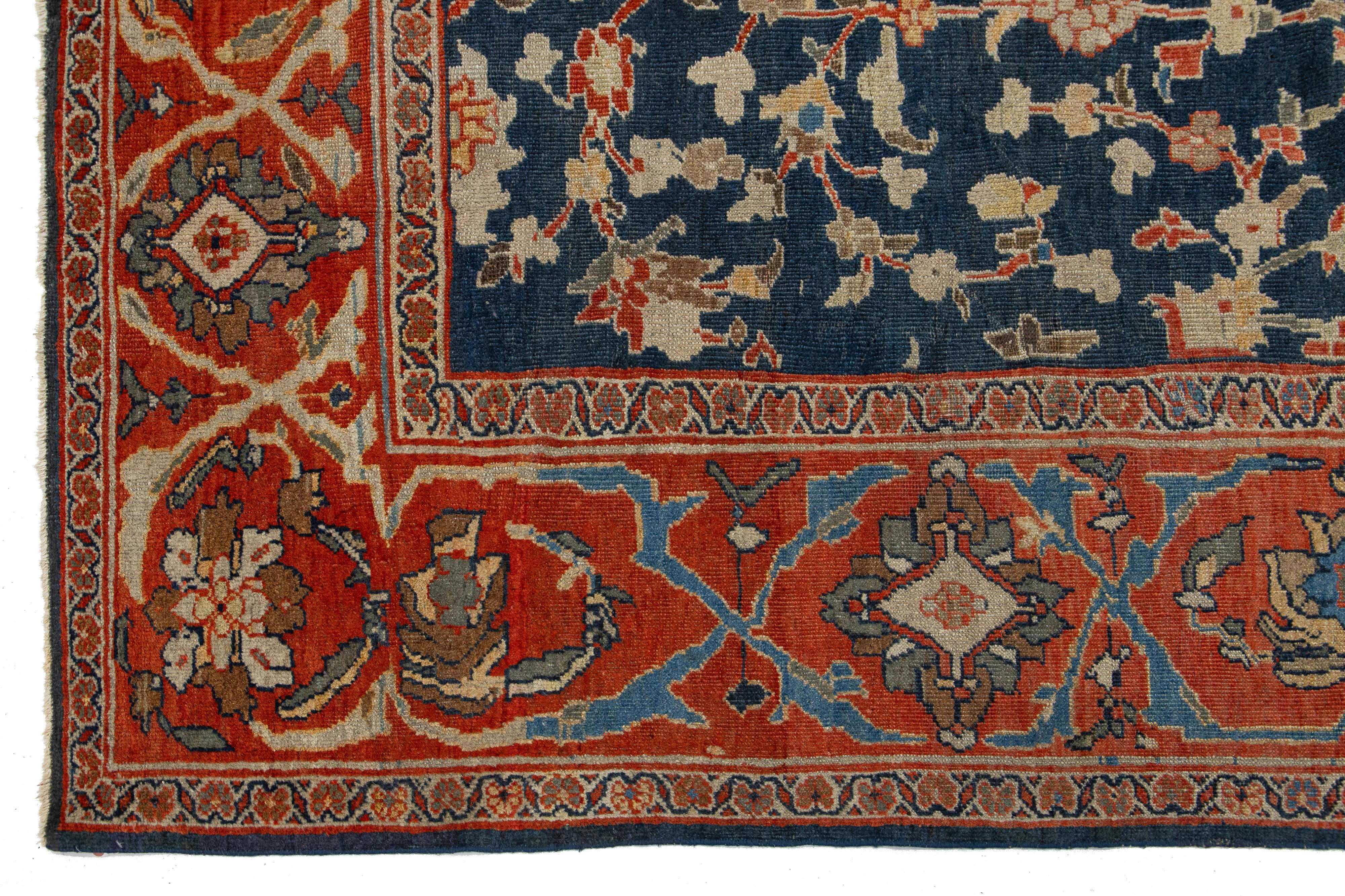 1880'sBlue Antique Persian Sultanabad Wool Rug Handmade with Allover Design im Zustand „Gut“ im Angebot in Norwalk, CT