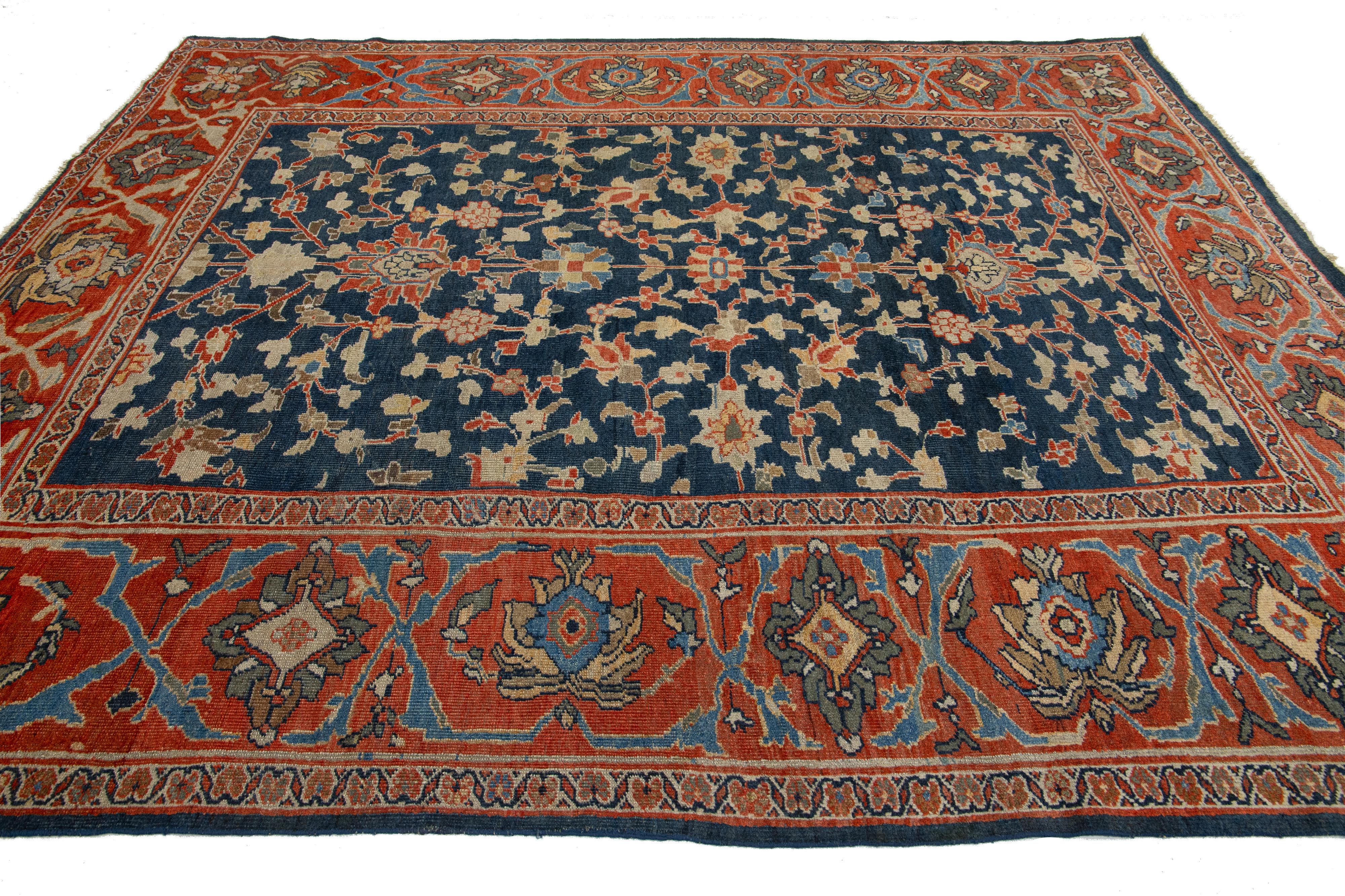 1880'sBlue Antique Persian Sultanabad Wool Rug Handmade with Allover Design (19. Jahrhundert) im Angebot