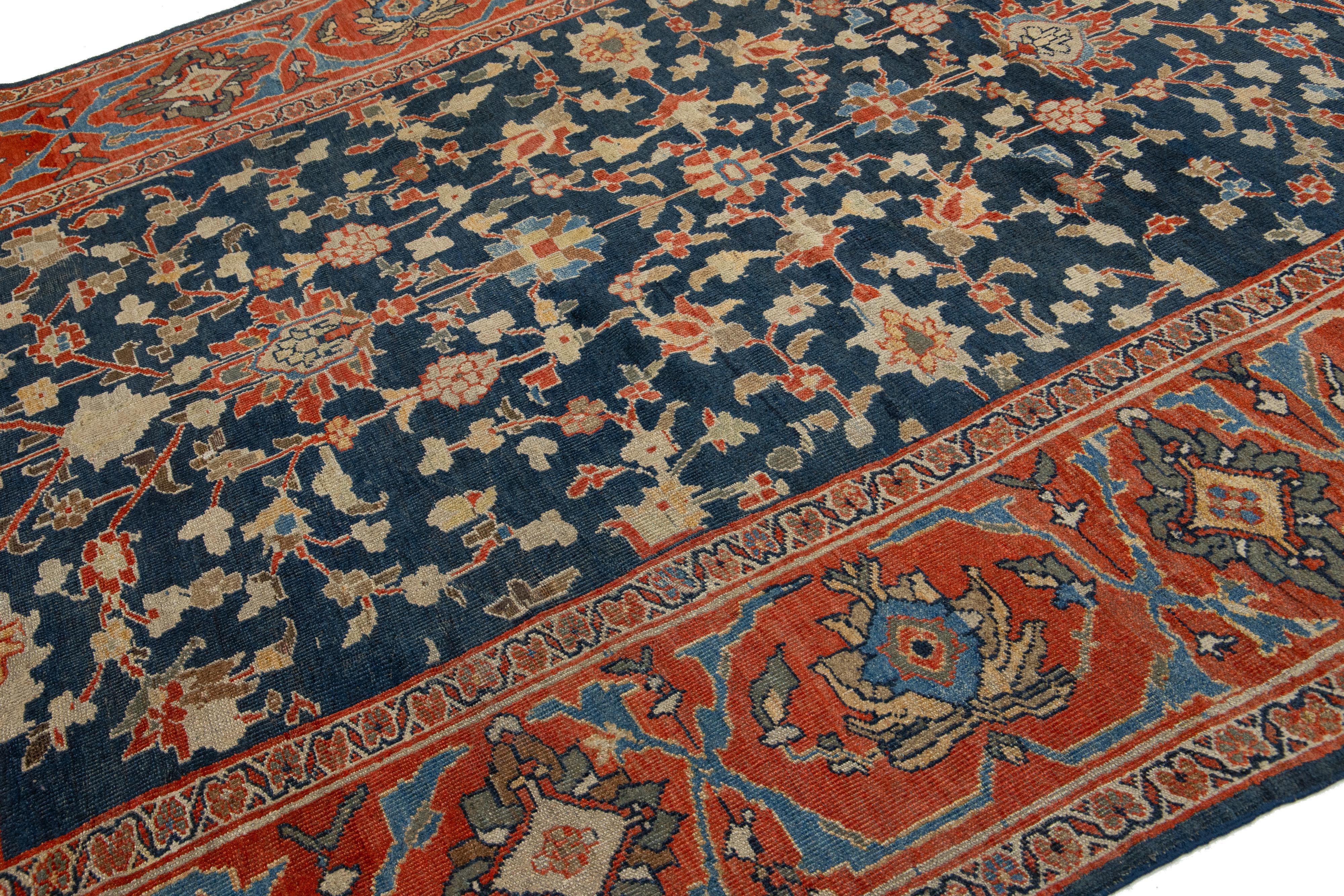 1880'sBlue Antique Persian Sultanabad Wool Rug Handmade with Allover Design (Wolle) im Angebot