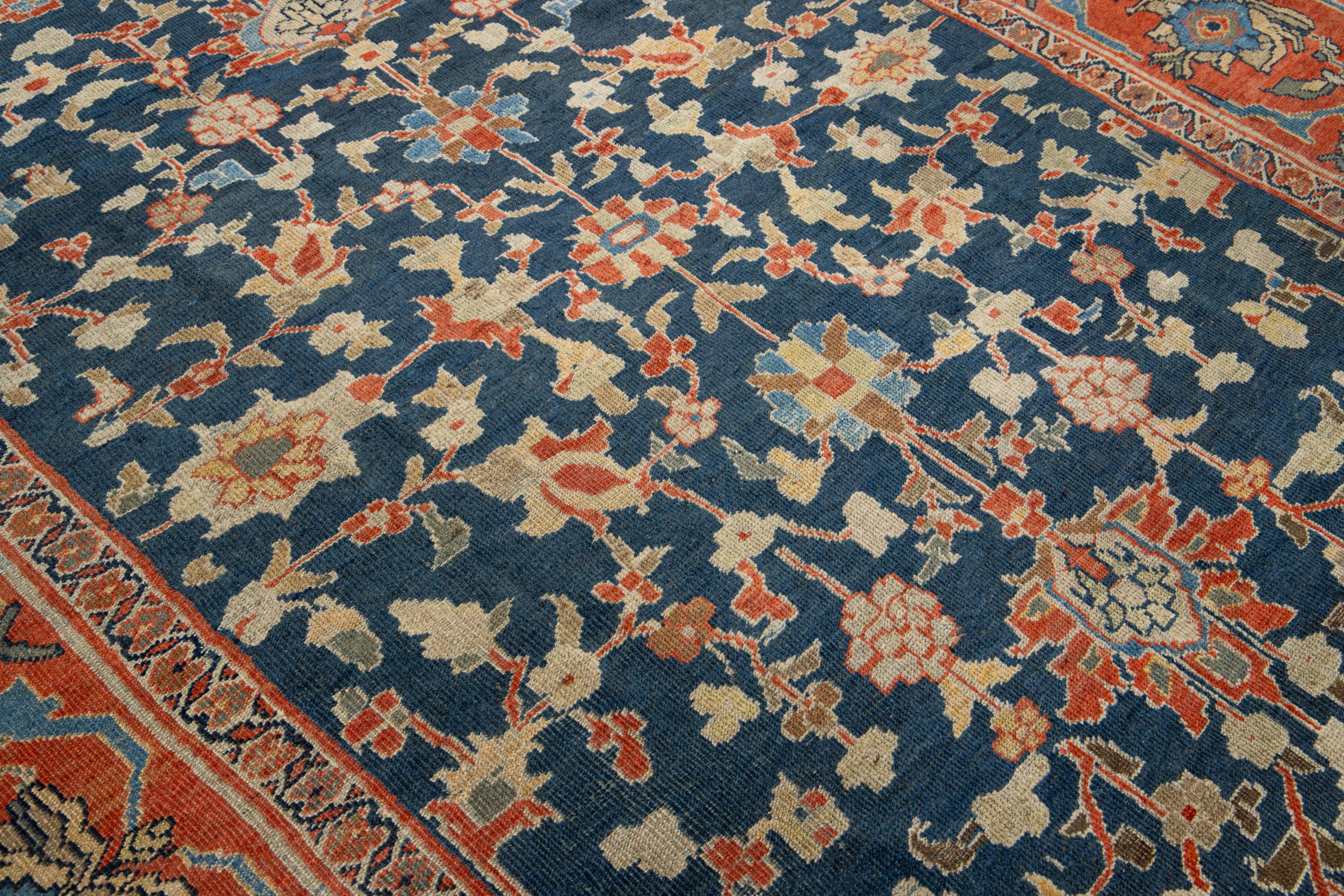 1880'sBlue Antique Persian Sultanabad Wool Rug Handmade with Allover Design im Angebot 1