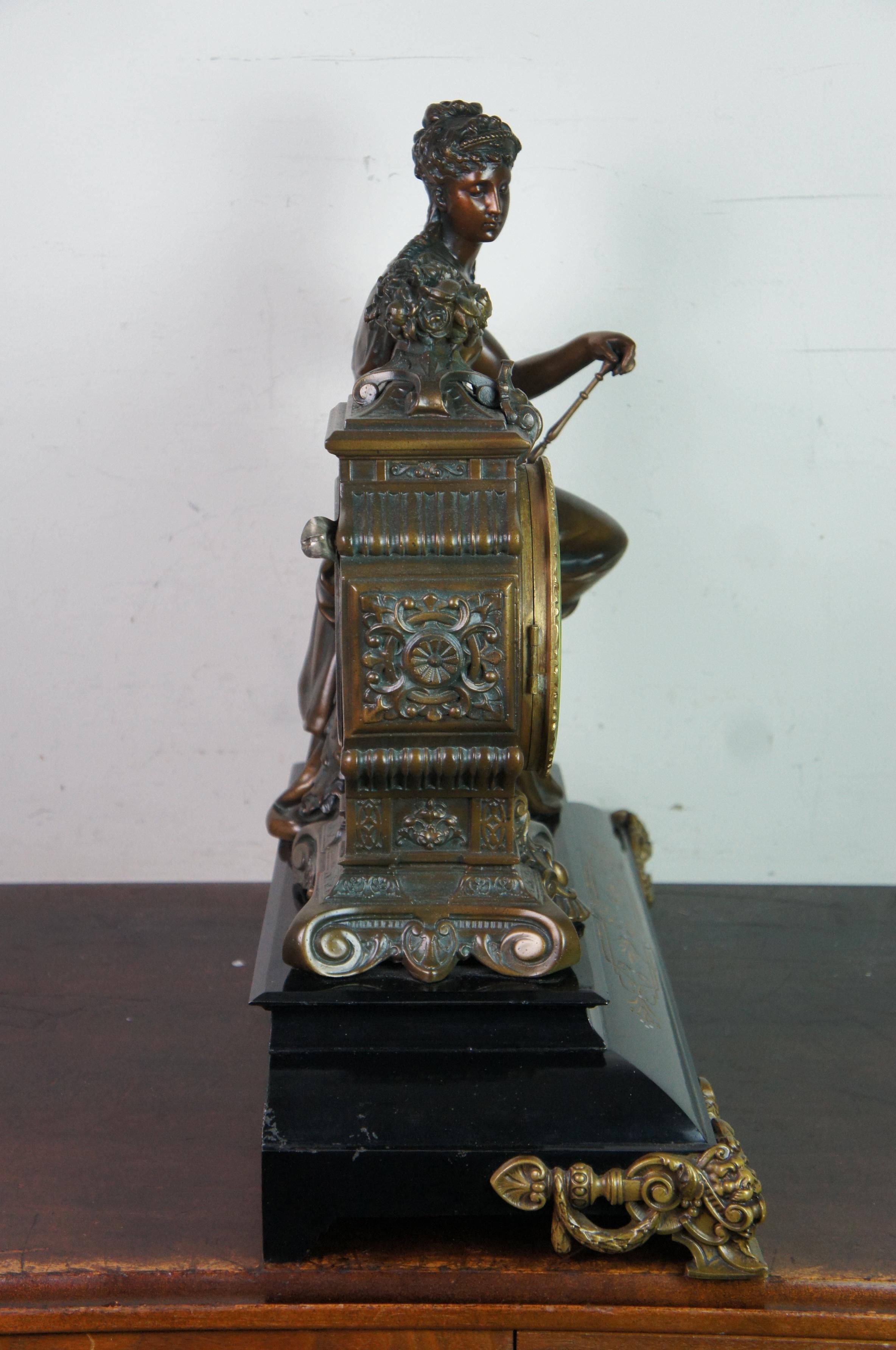 1881 Antique Marble Bronze Ansonia Figural Woman & Pheasant Bird Mantel Clock 19 3