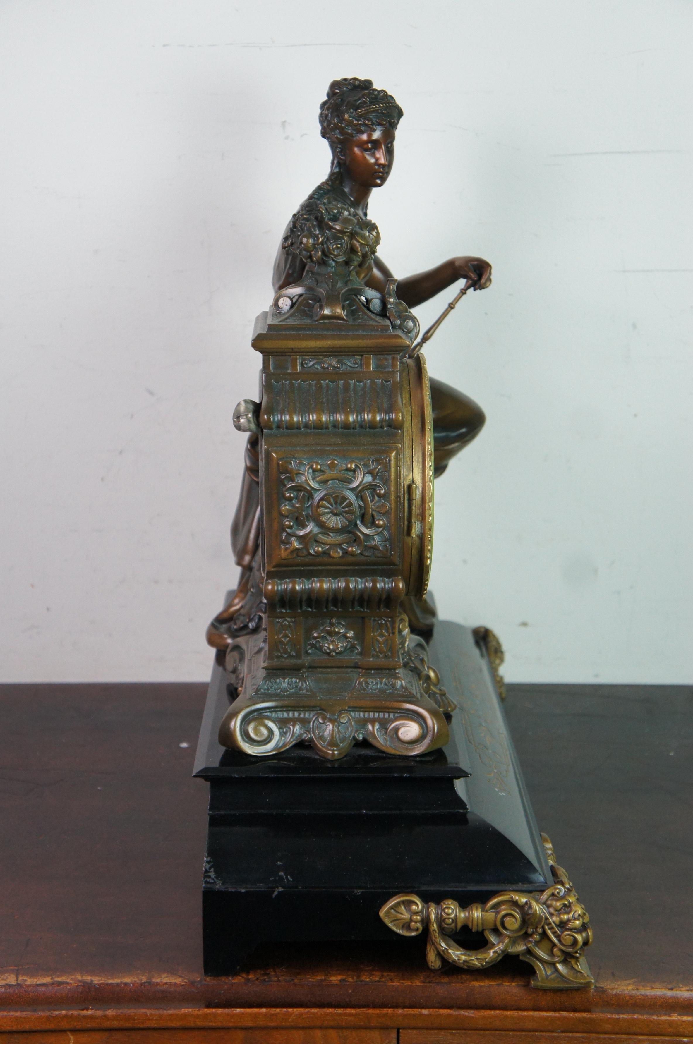 1881 Antique Marble Bronze Ansonia Figural Woman & Pheasant Bird Mantel Clock 19 3