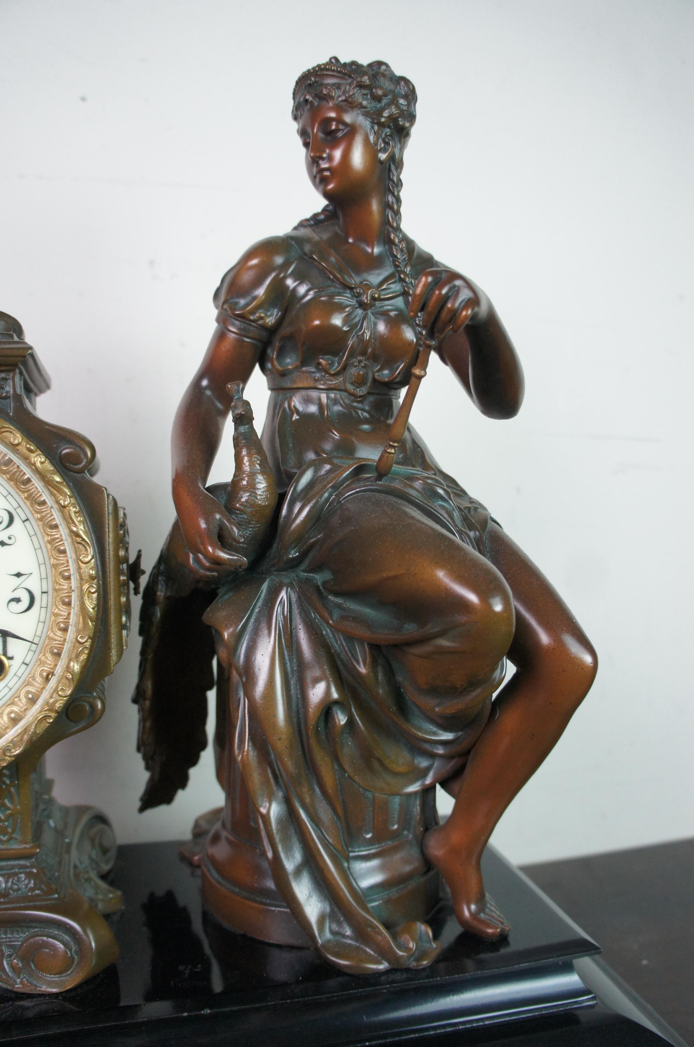 Art Nouveau 1881 Antique Marble Bronze Ansonia Figural Woman & Pheasant Bird Mantel Clock 19