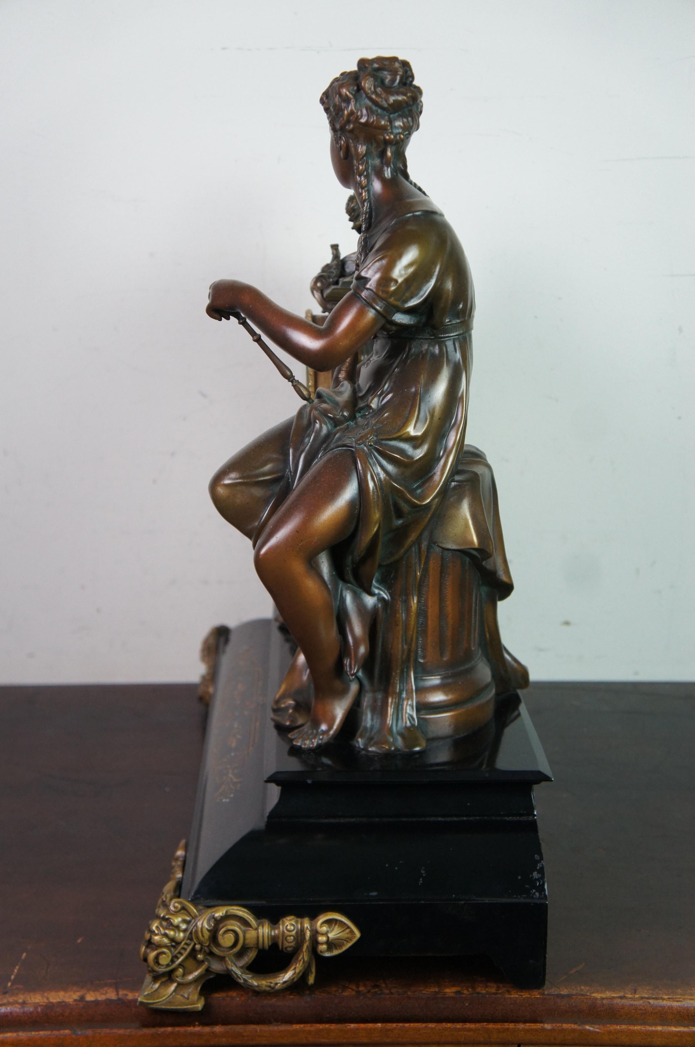 1881 Antique Marble Bronze Ansonia Figural Woman & Pheasant Bird Mantel Clock 19 In Good Condition In Dayton, OH