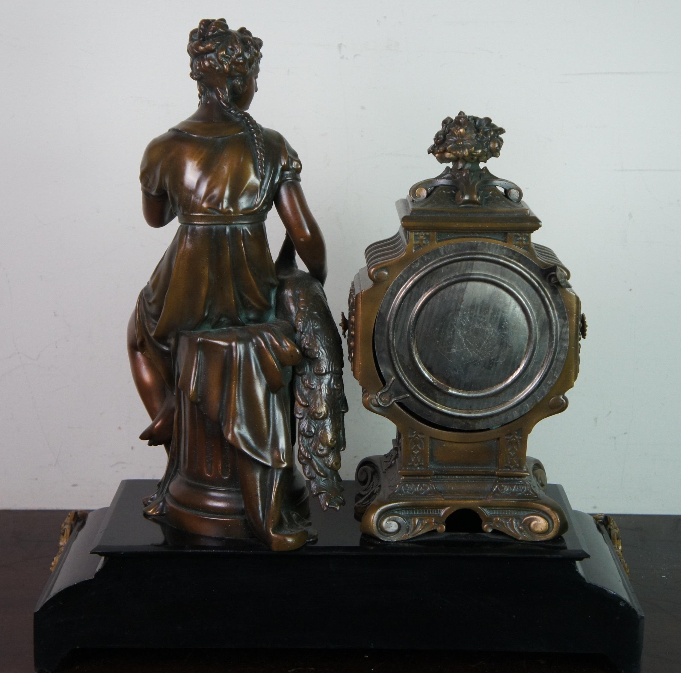 Late 19th Century 1881 Antique Marble Bronze Ansonia Figural Woman & Pheasant Bird Mantel Clock 19