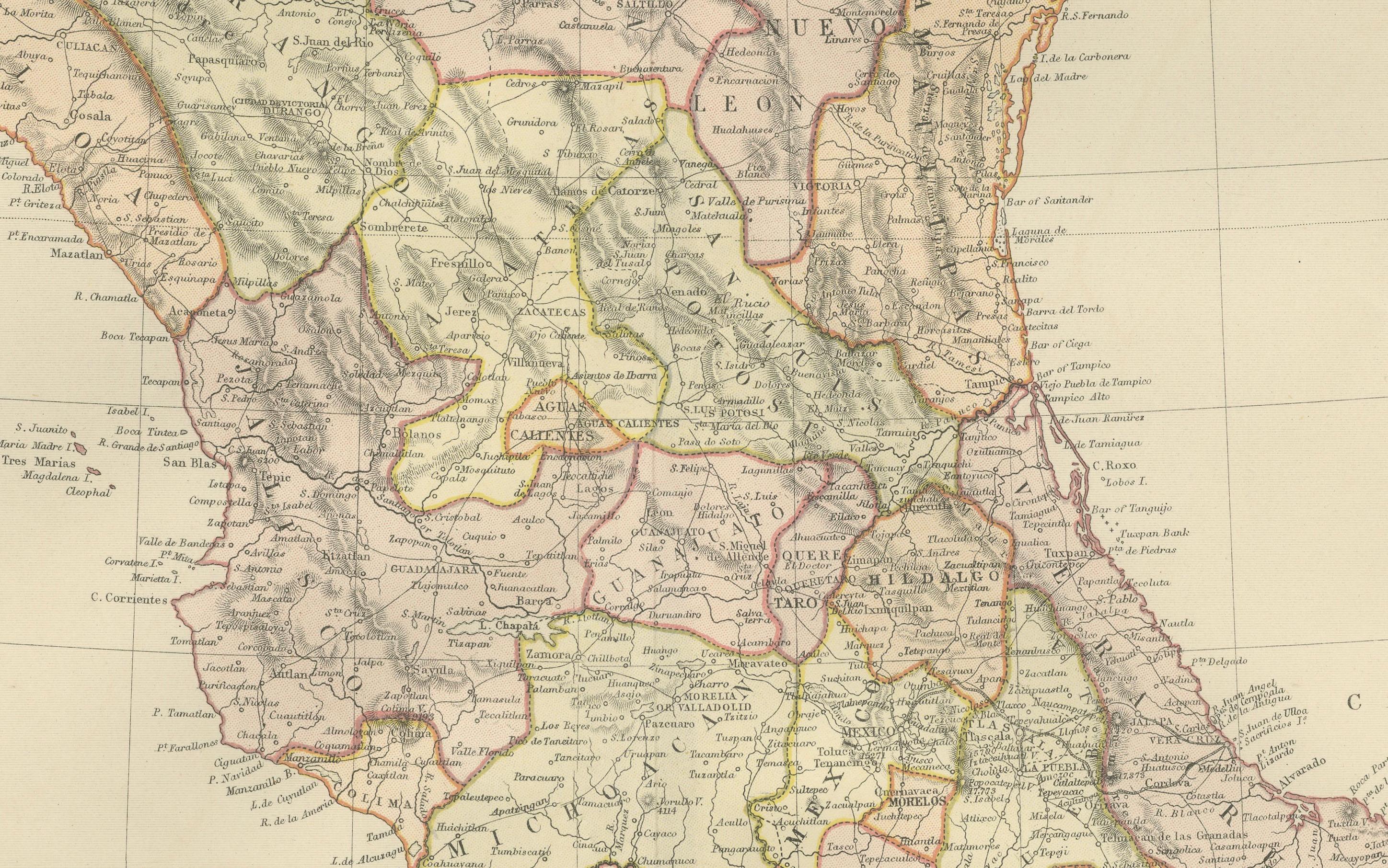 This 1882 map of Mexico, published by Blackie and Son as part of the 'Comprehensive Atlas and Geography of the World,' provides a highly detailed representation of the country's geography and political divisions during the late 19th century. The map