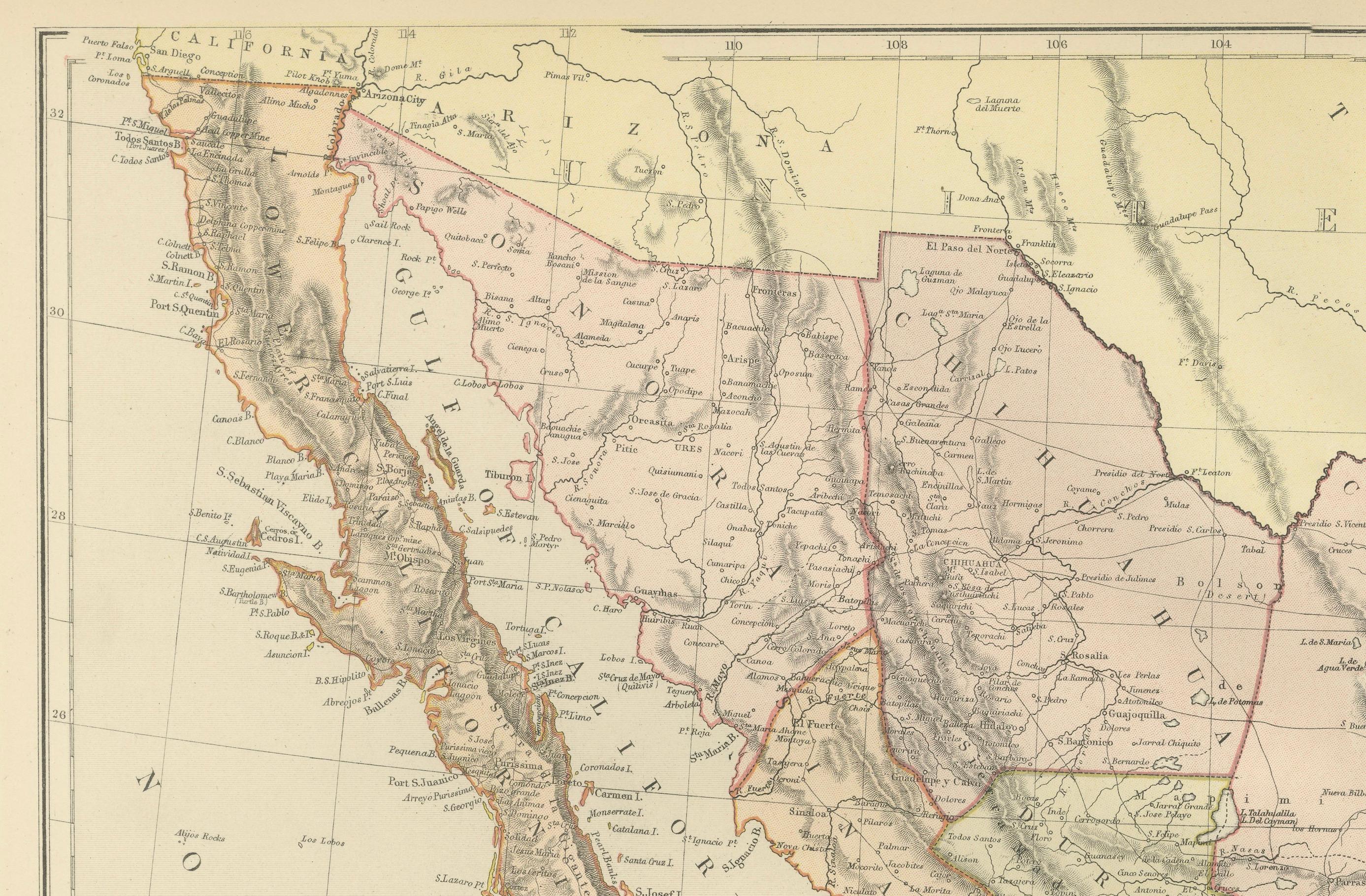 1882 Antique Map of Mexico Highlighting Geographical and Political Boundaries In Good Condition For Sale In Langweer, NL