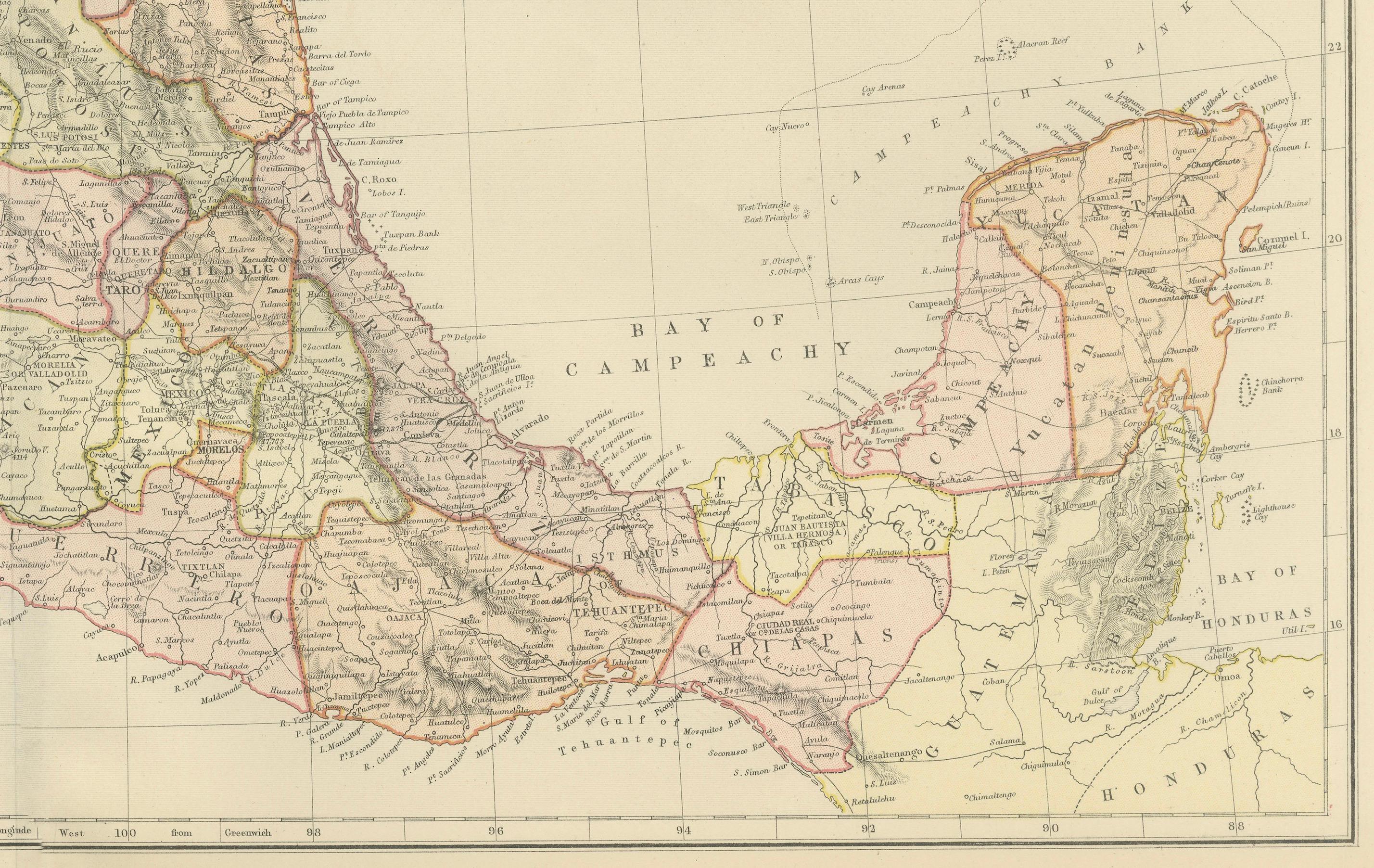 Paper 1882 Antique Map of Mexico Highlighting Geographical and Political Boundaries For Sale