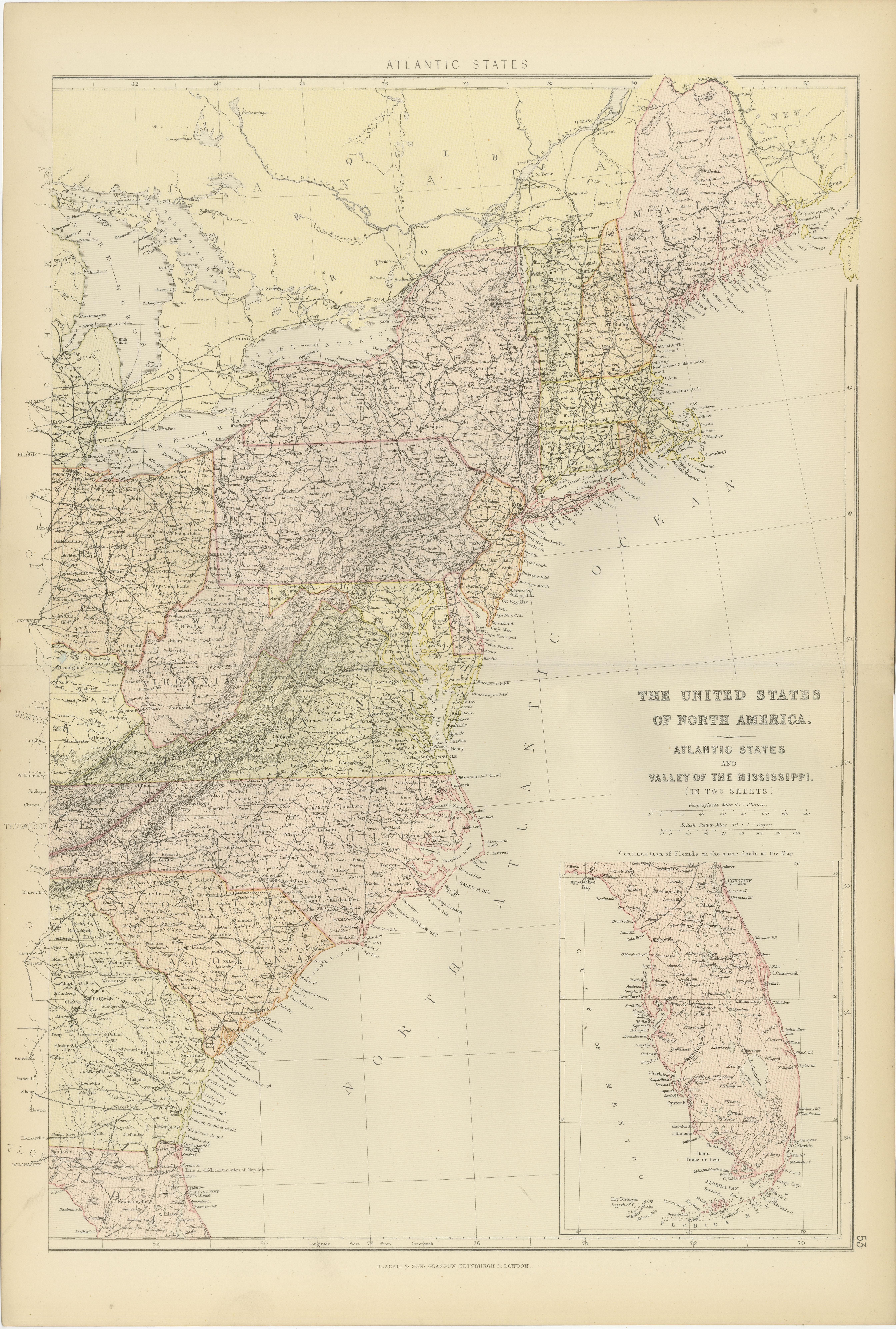 Queste due mappe tratte dall'Atlante Blackie del 1882 forniscono una visione dettagliata della metà orientale degli Stati Uniti, evidenziando le principali caratteristiche geografiche, politiche e infrastrutturali della regione alla fine del XIX