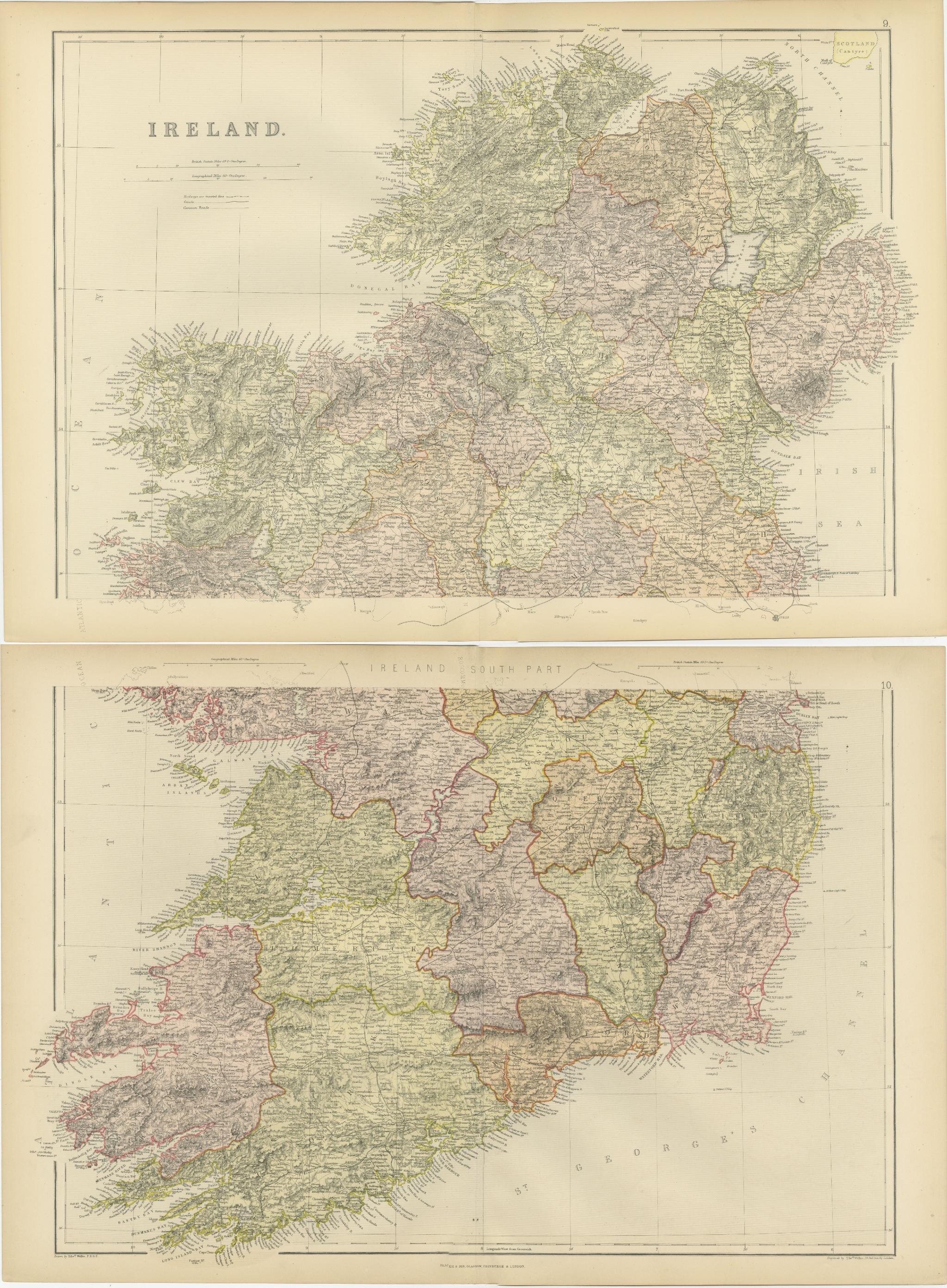 Late 19th Century 1882 Cartographic Views of Ireland's North and South Regions For Sale