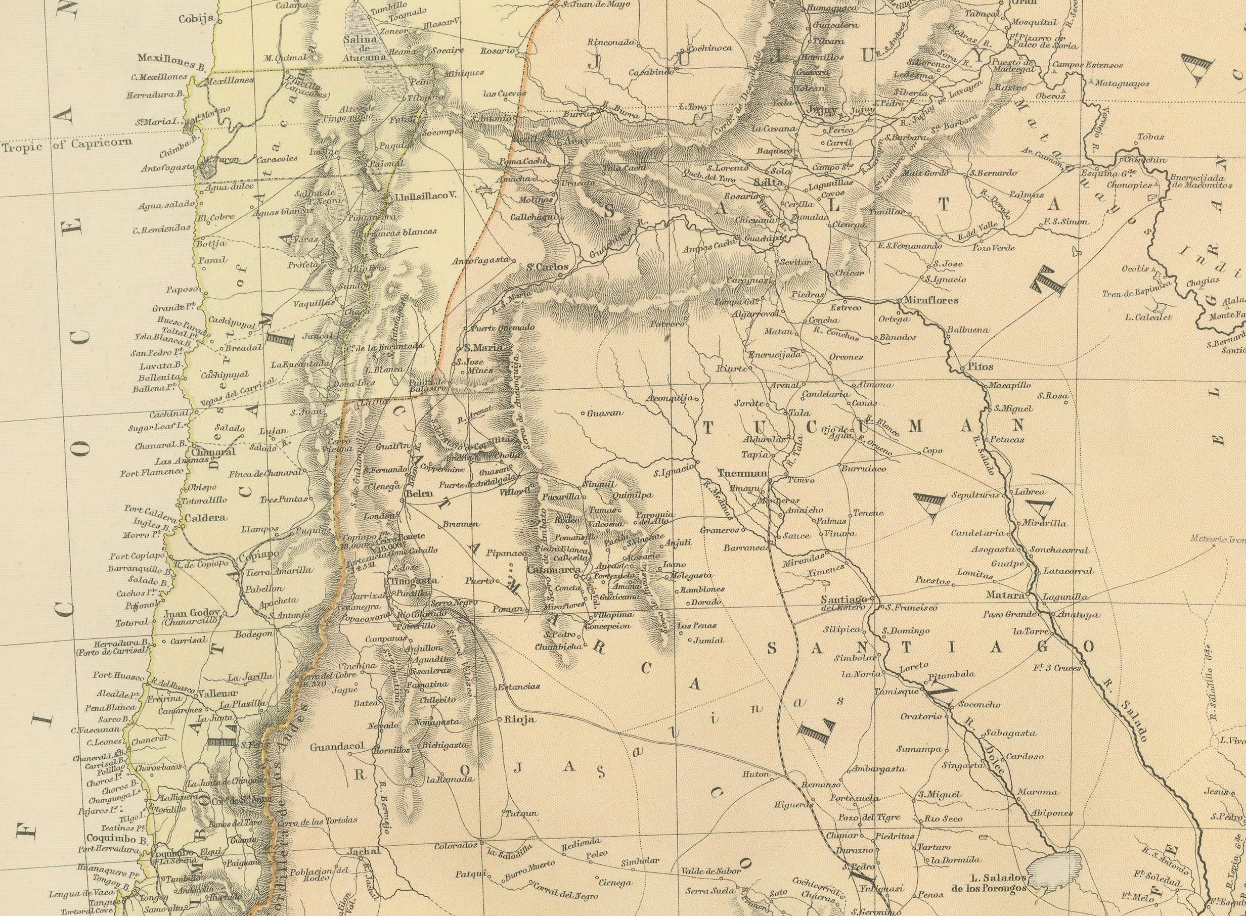This 1882 map, published as part of the 'Comprehensive Atlas and Geography of the World' by Blackie and Son, provides an intricate depiction of Argentina, La Plata, Chile, Paraguay, Uruguay, and the southern region of Patagonia. This detailed