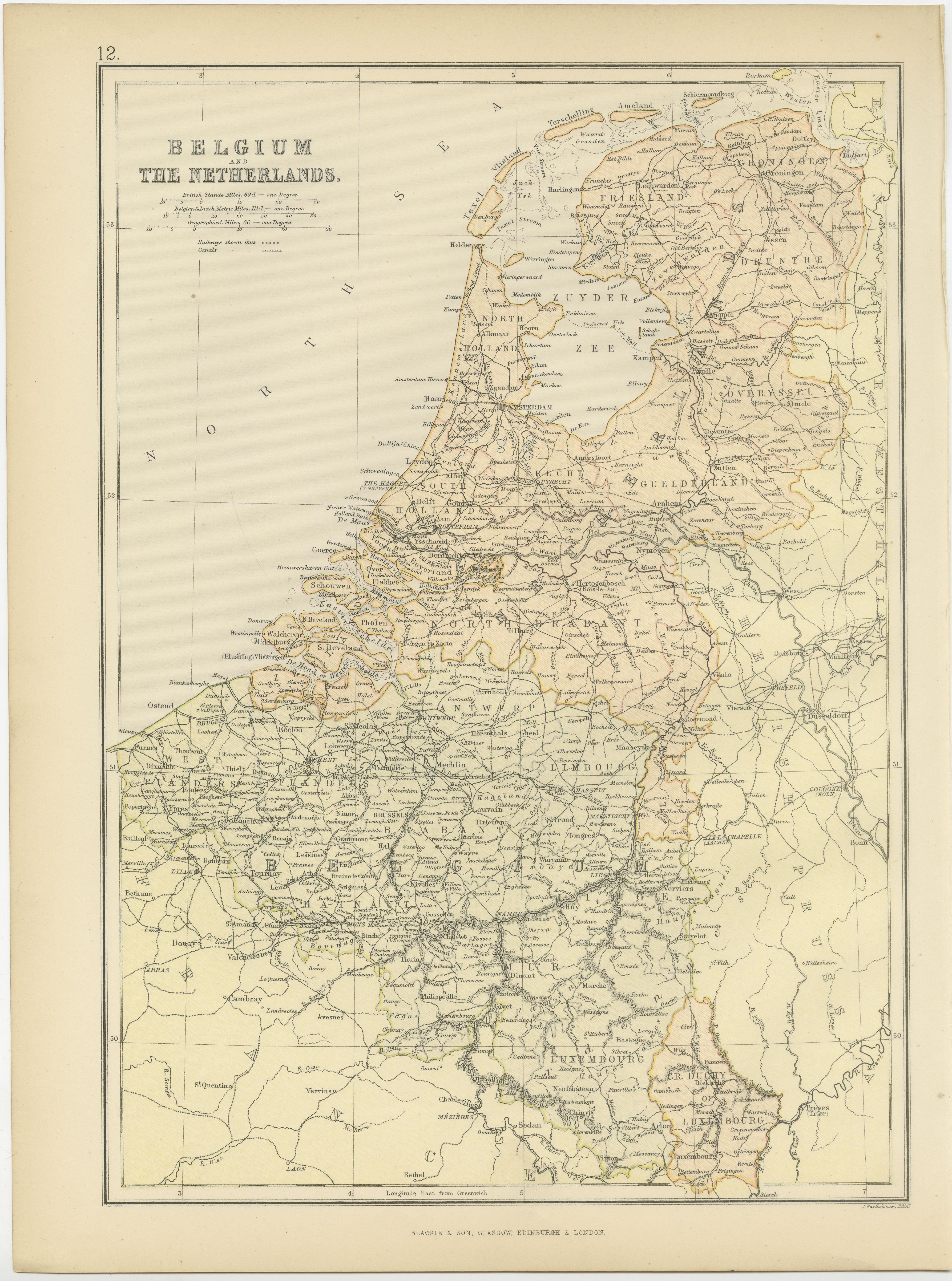Diese Karte von Belgien und den Niederlanden aus dem Jahr 1882, herausgegeben von Blackie and Son als Teil des 