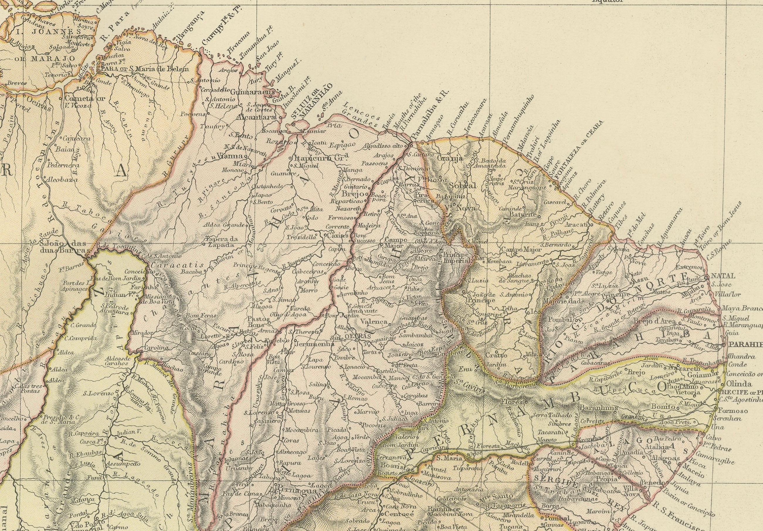 Mappa del Brasile del 1882: Confini storici, sistemi fluviali e regioni costiere In condizioni buone in vendita a Langweer, NL