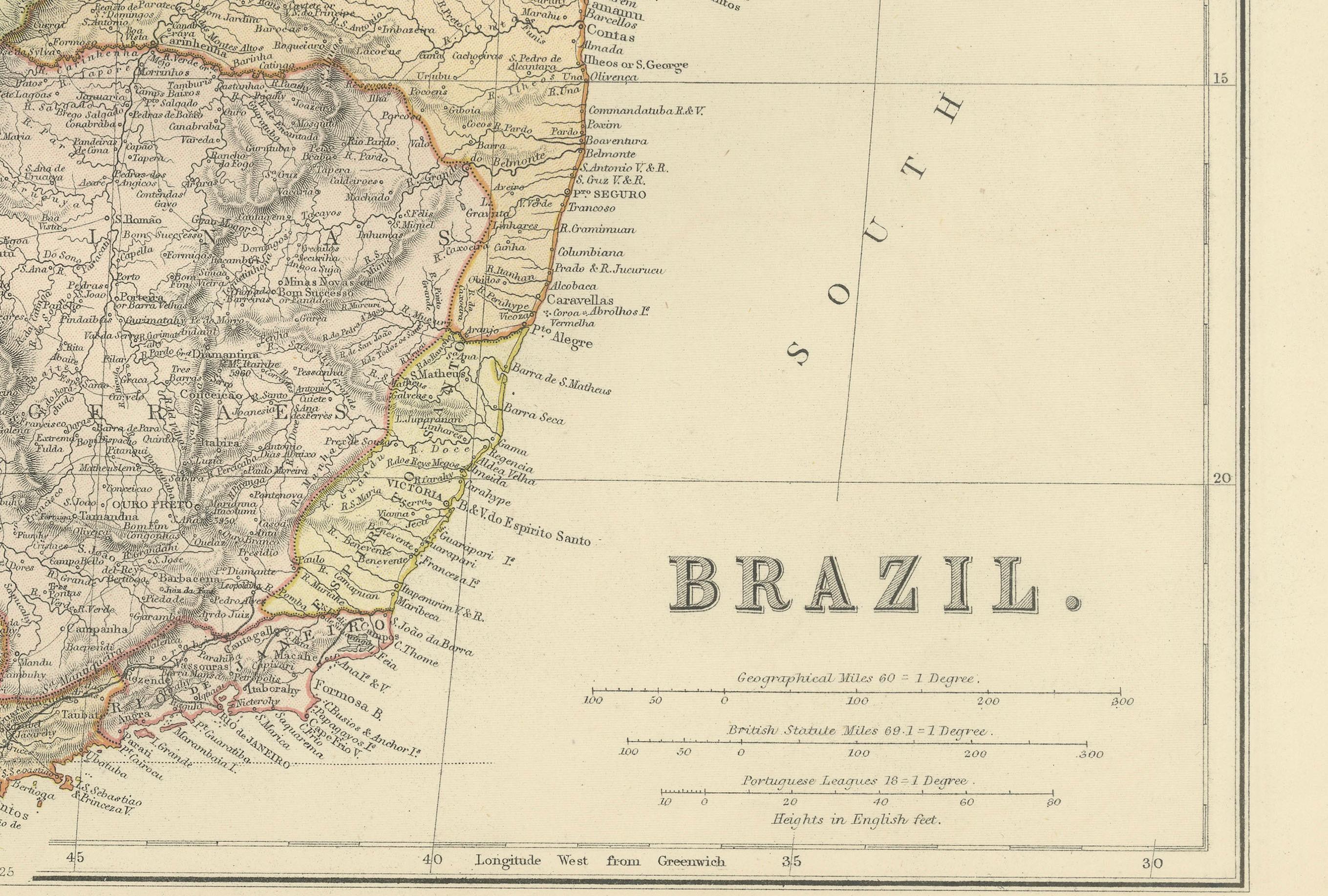 Fine XIX secolo Mappa del Brasile del 1882: Confini storici, sistemi fluviali e regioni costiere in vendita