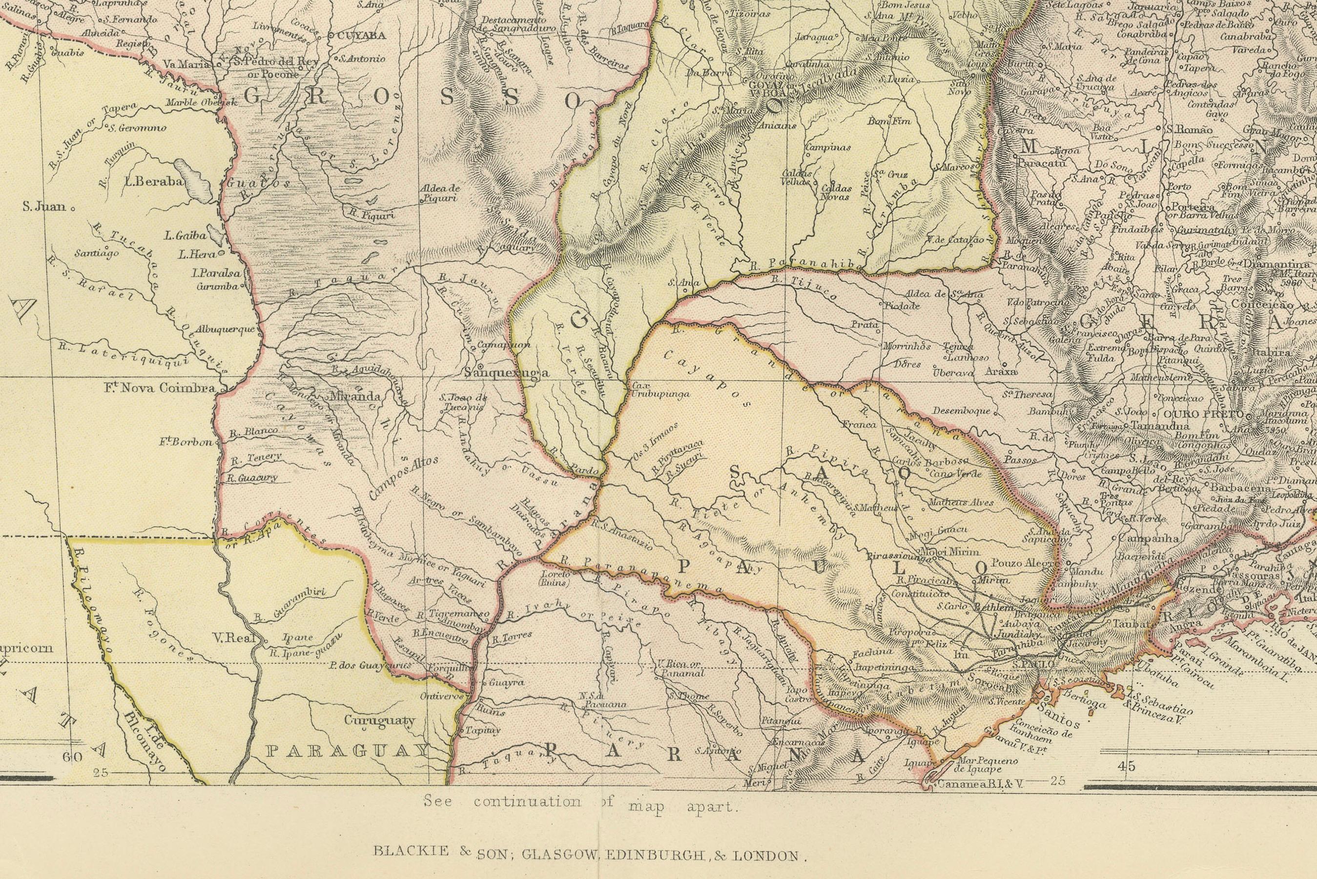 Carta Mappa del Brasile del 1882: Confini storici, sistemi fluviali e regioni costiere in vendita