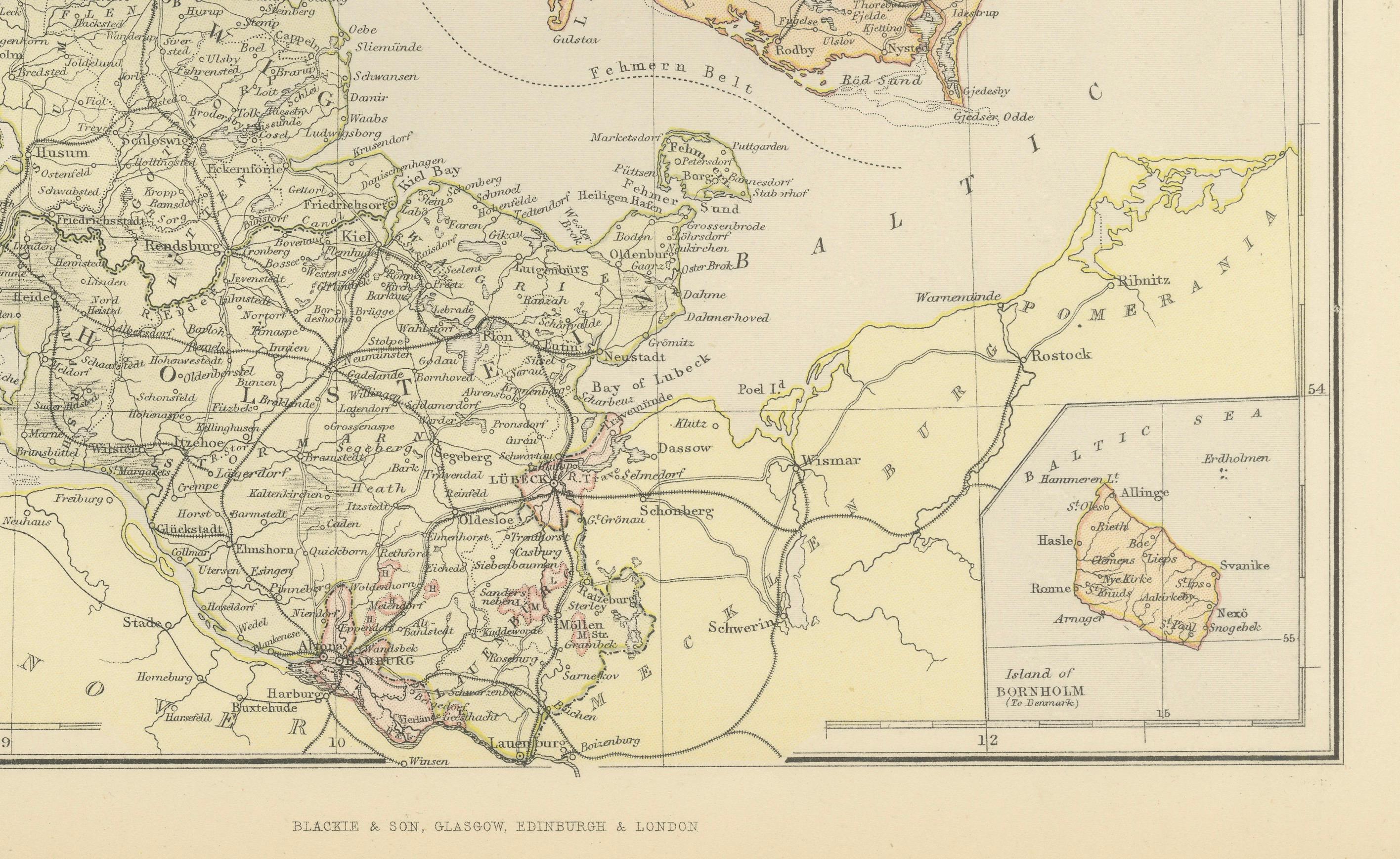 Cette carte de 1882 du Danemark, du Schleswig et du Holstein, publiée par Blackie and Son dans le cadre du 