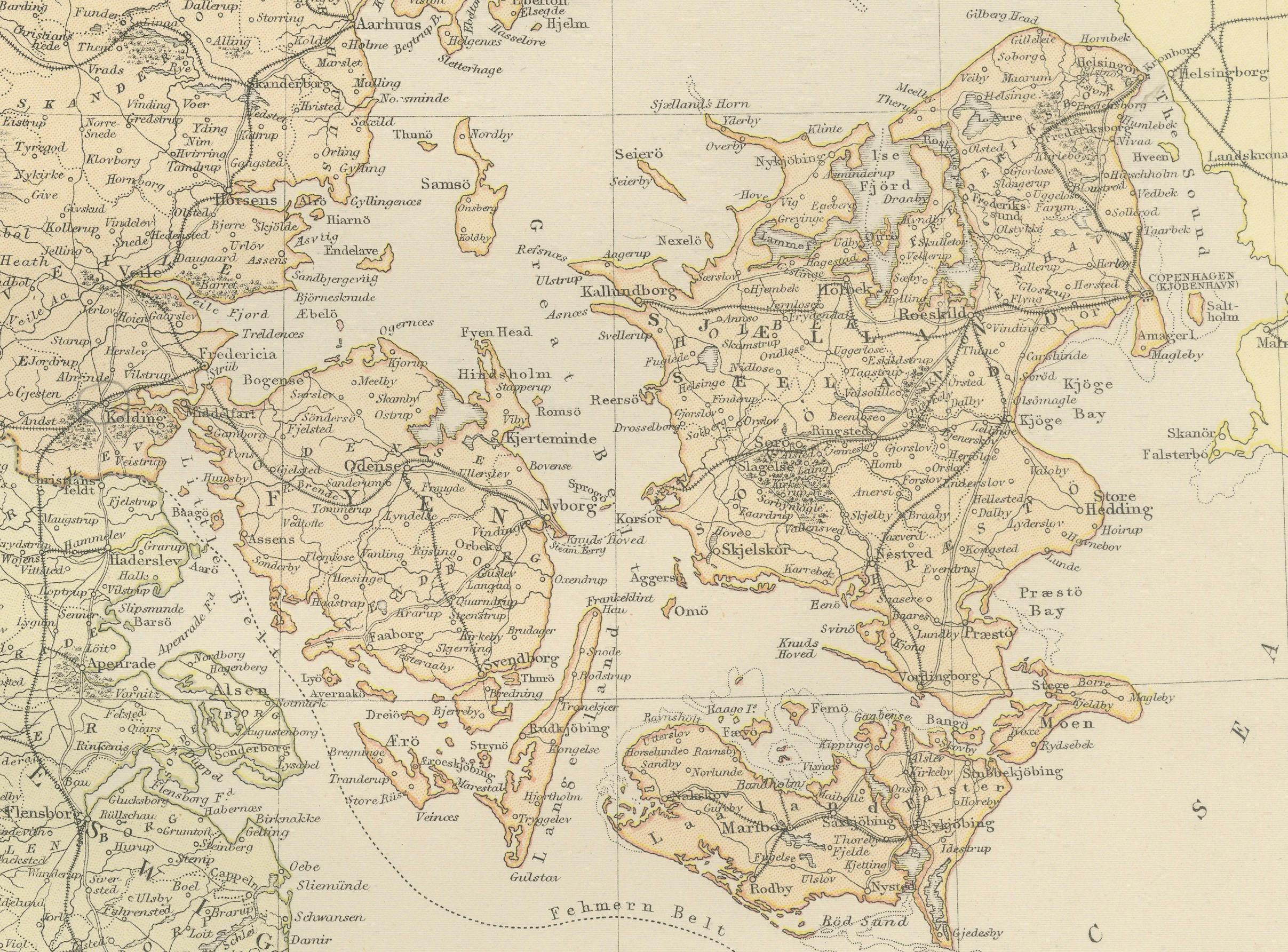 Carte de 1882 du Danemark, du Schleswig et du Holstein mettant en évidence les détails géographiques Bon état - En vente à Langweer, NL