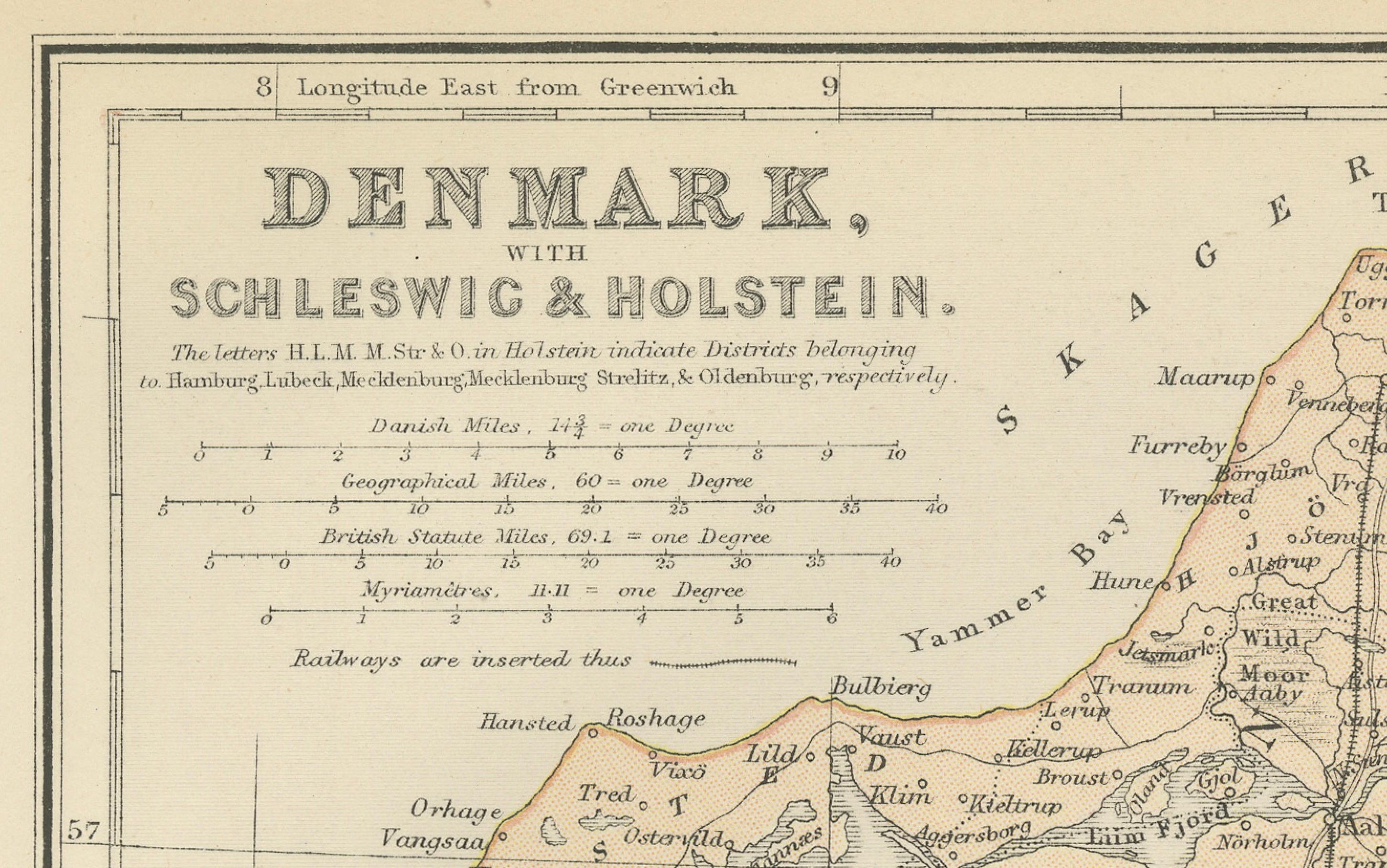 Papier Carte de 1882 du Danemark, du Schleswig et du Holstein mettant en évidence les détails géographiques en vente